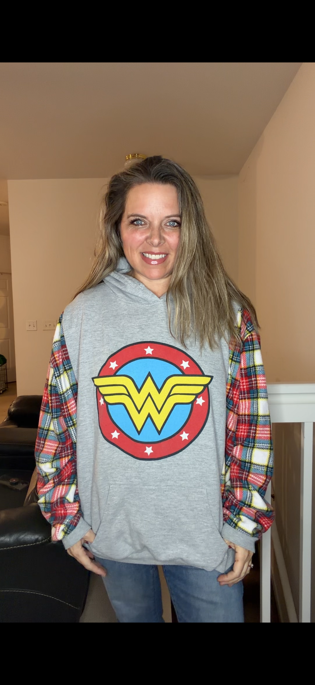 Upcycled Wonder Woman - women's 3X/4X midweight sweatshirt with stretch fleece sleeves