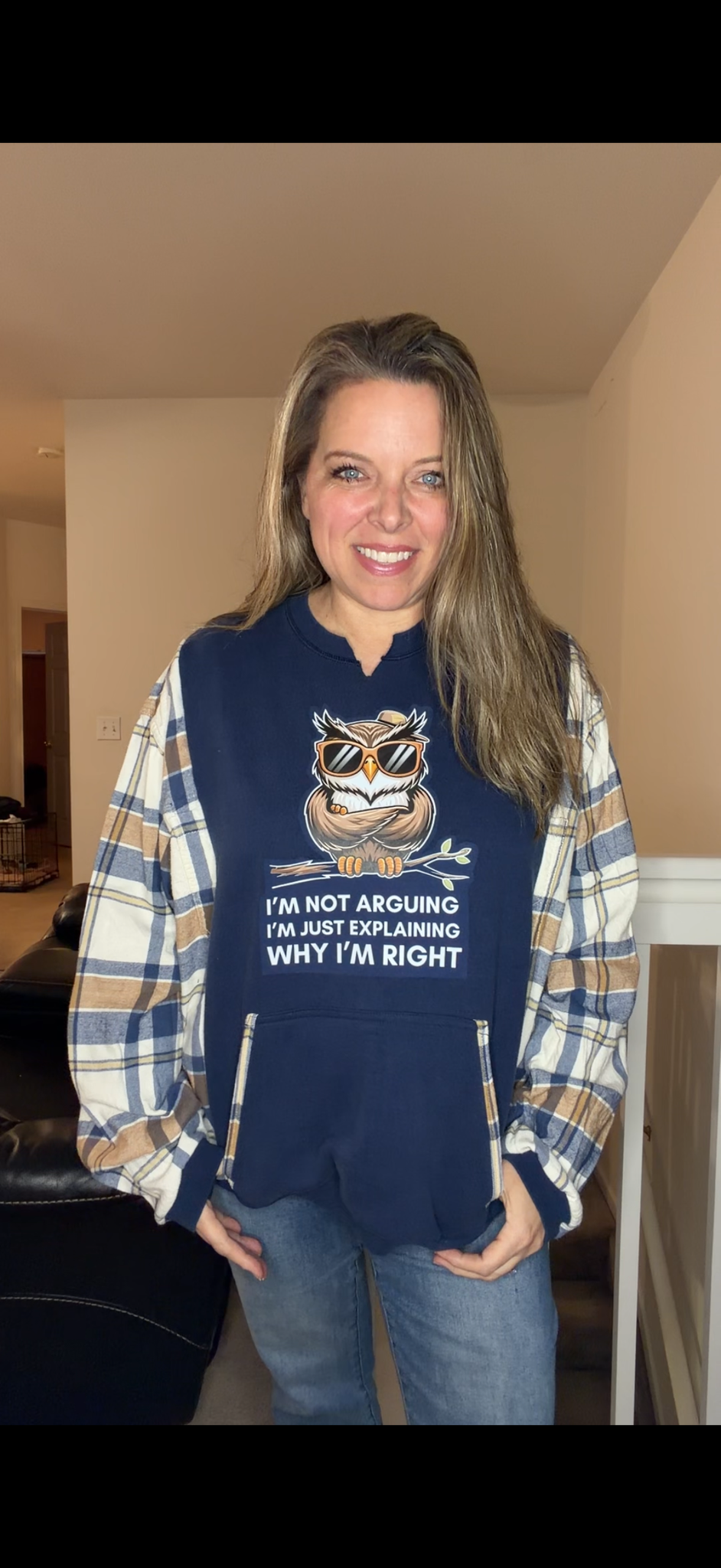 Upcycled Owl - L/XL midweight sweatshirt with flannel sleeves