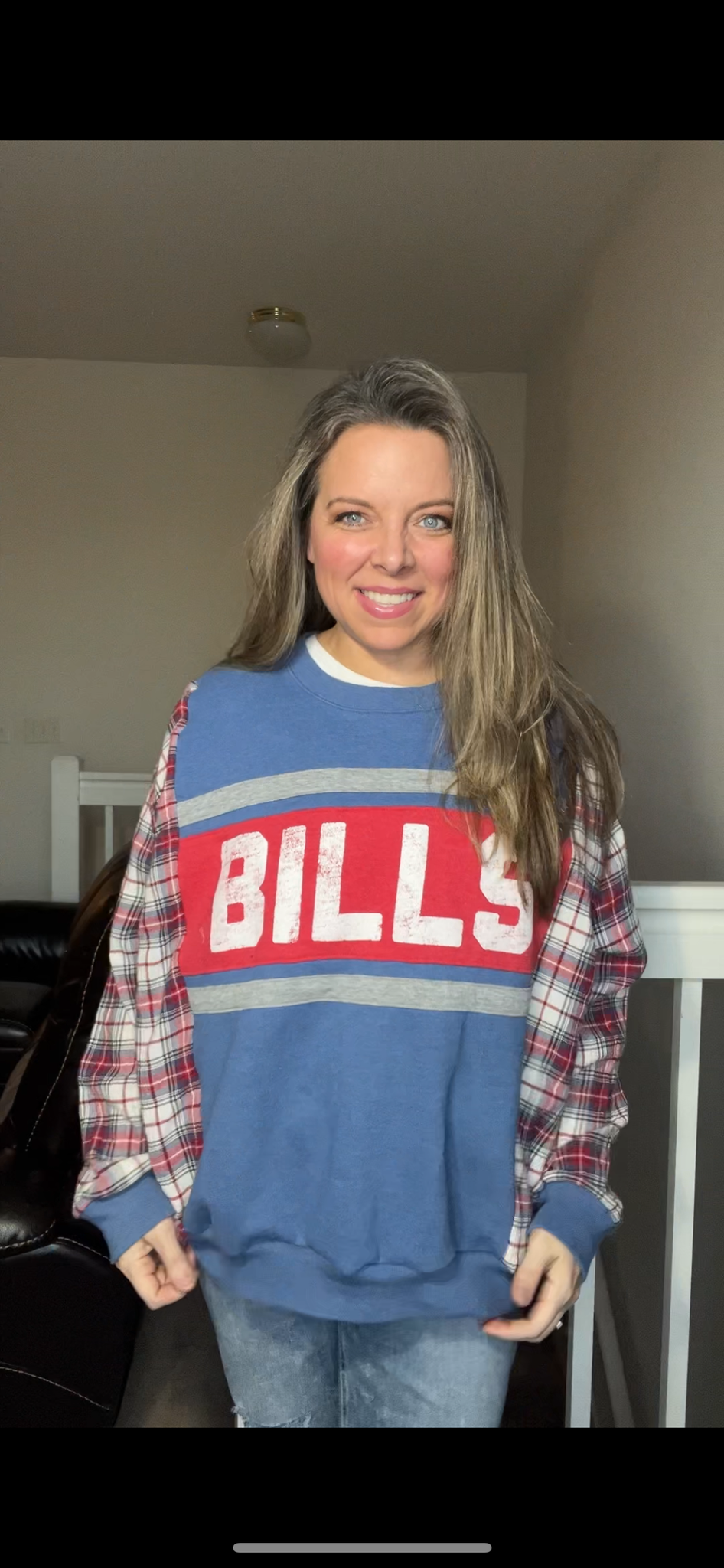 Upcycled Bills - Woman’s XL – midweight sweatshirt with flannel sleeves ￼