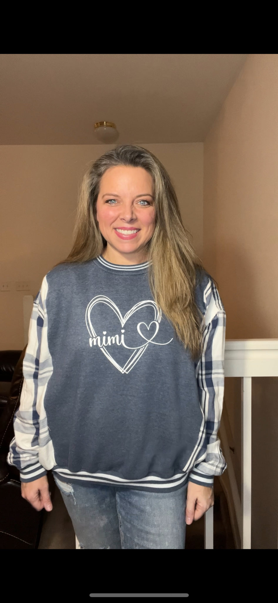 Upcycled MiMi - woman’s M/L – midweight sweatshirt with flannel sleeves ￼￼