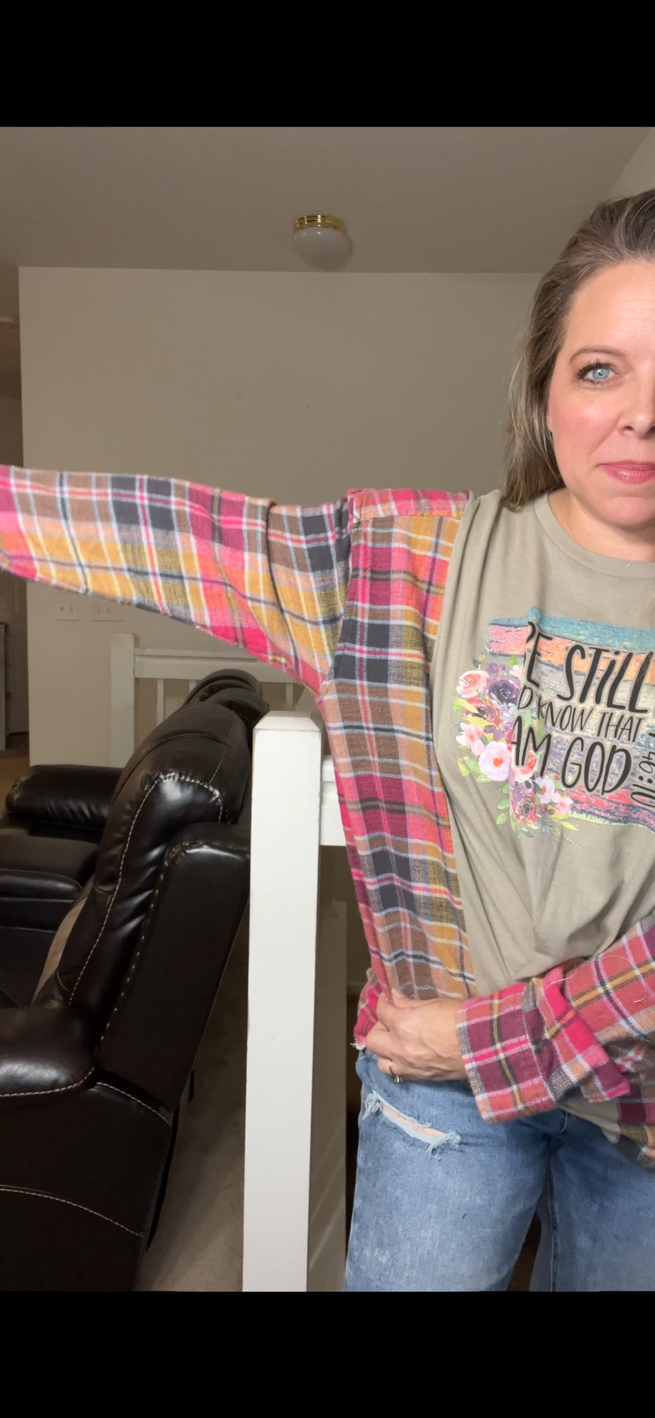 Upcycled Be still – women’s 2X T-shirt with flannel sleeves