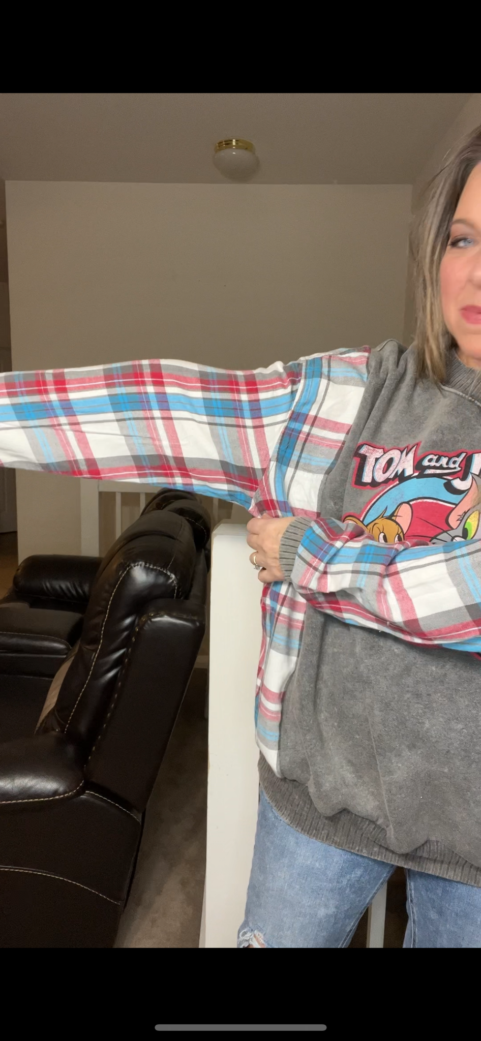 Upcycled Tom and Jerry – women’s 2X – midweight sweatshirt with flannel sleeves