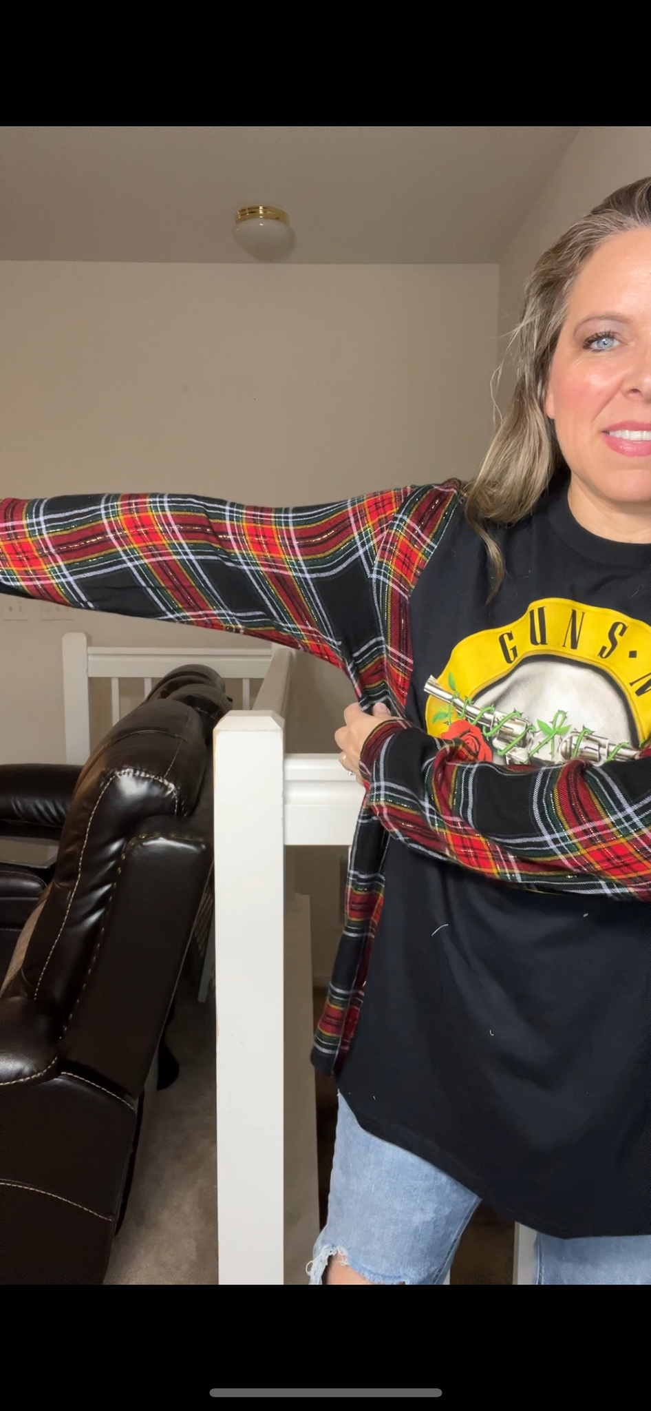 Upcycled Guns N’ Roses – women’s large/XL T-shirt with thin flannel sleeves – sleeves more narrow