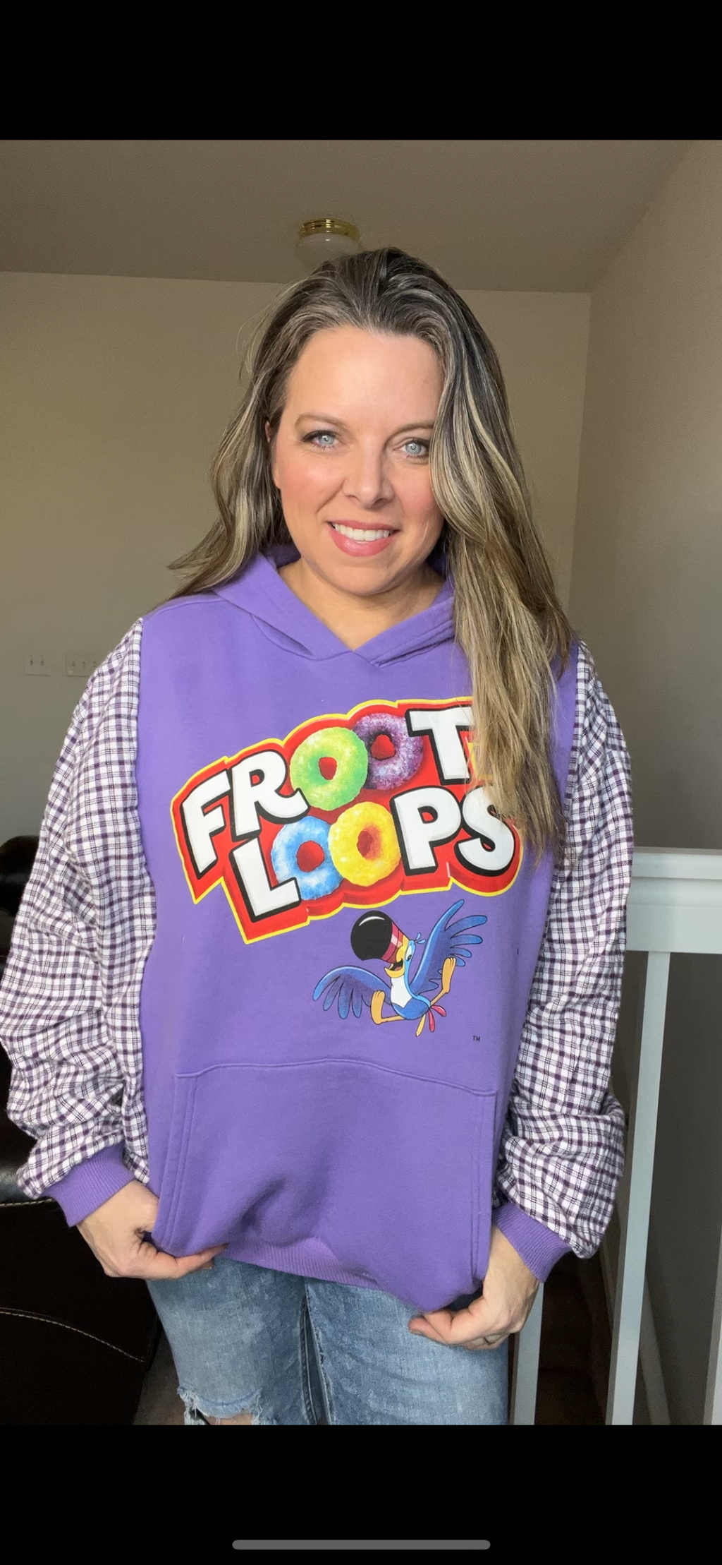 Upcycled Froot Loops – women’s large/XL – midweight sweatshirt with flannel sleeves