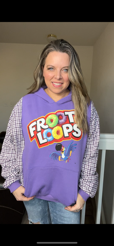 Upcycled Froot Loops – women’s large/XL – midweight sweatshirt with flannel sleeves