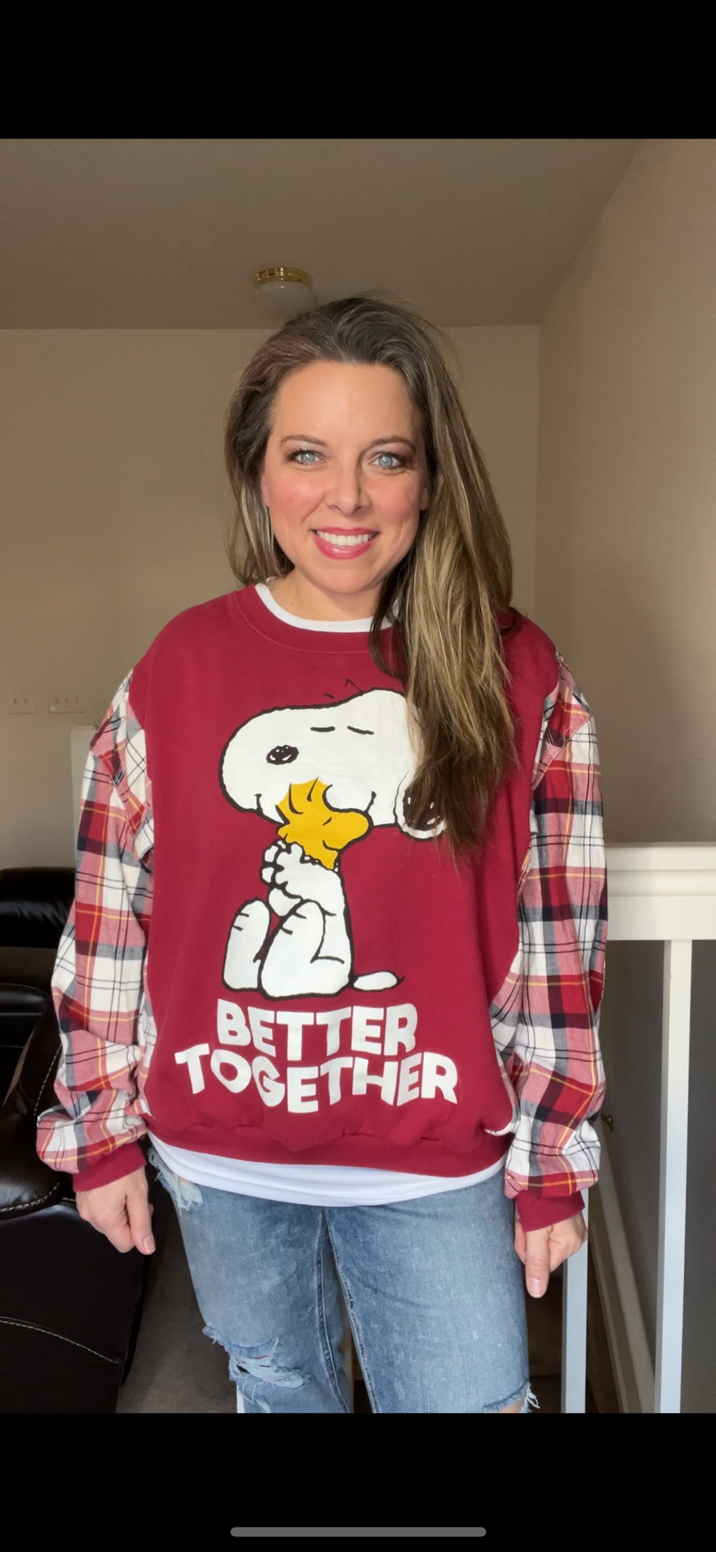 Upcycled Snoopy – women’s S/M – midweight sweatshirt with flannel sleeves￼