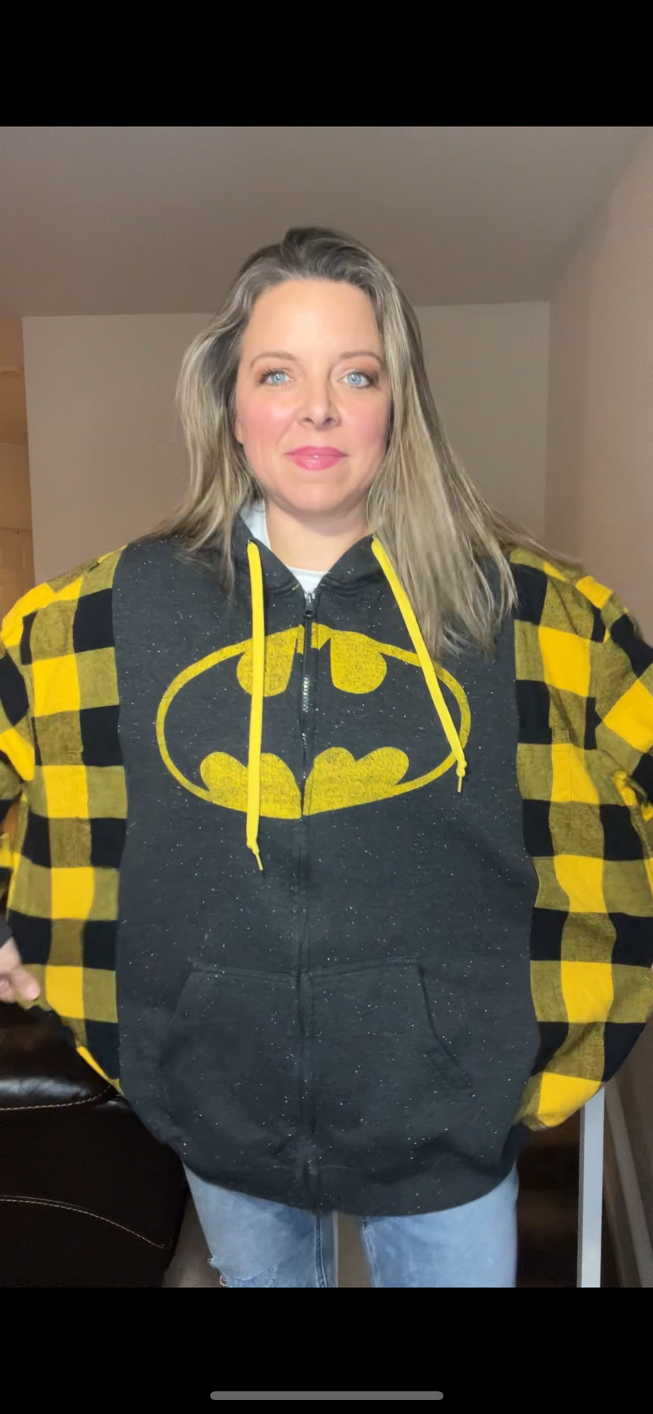 Upcycled Batman zip – women’s 2X – midweight sweatshirt with flannel sleeves￼