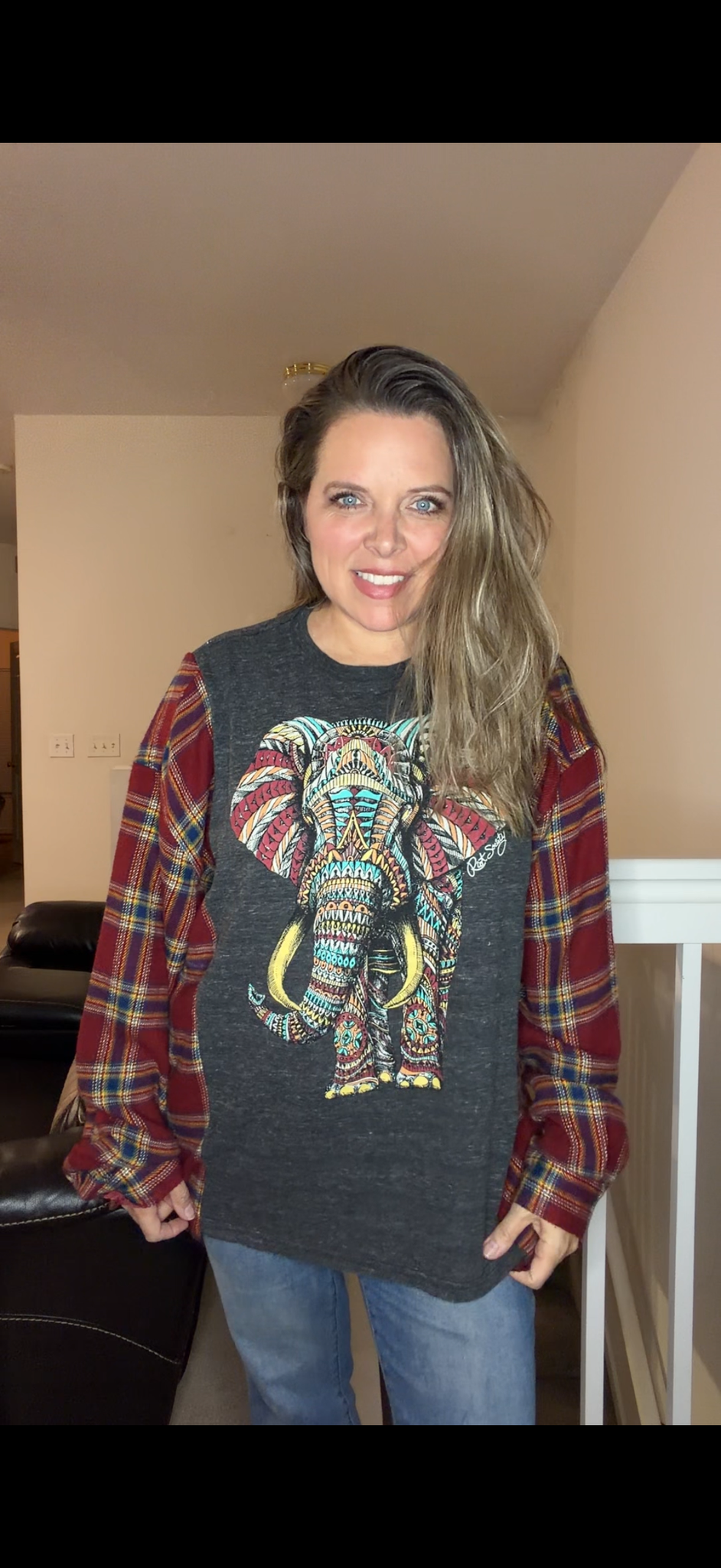 Upcycled Elephant- women's 1X/2X T-shirt with flannel sleeves