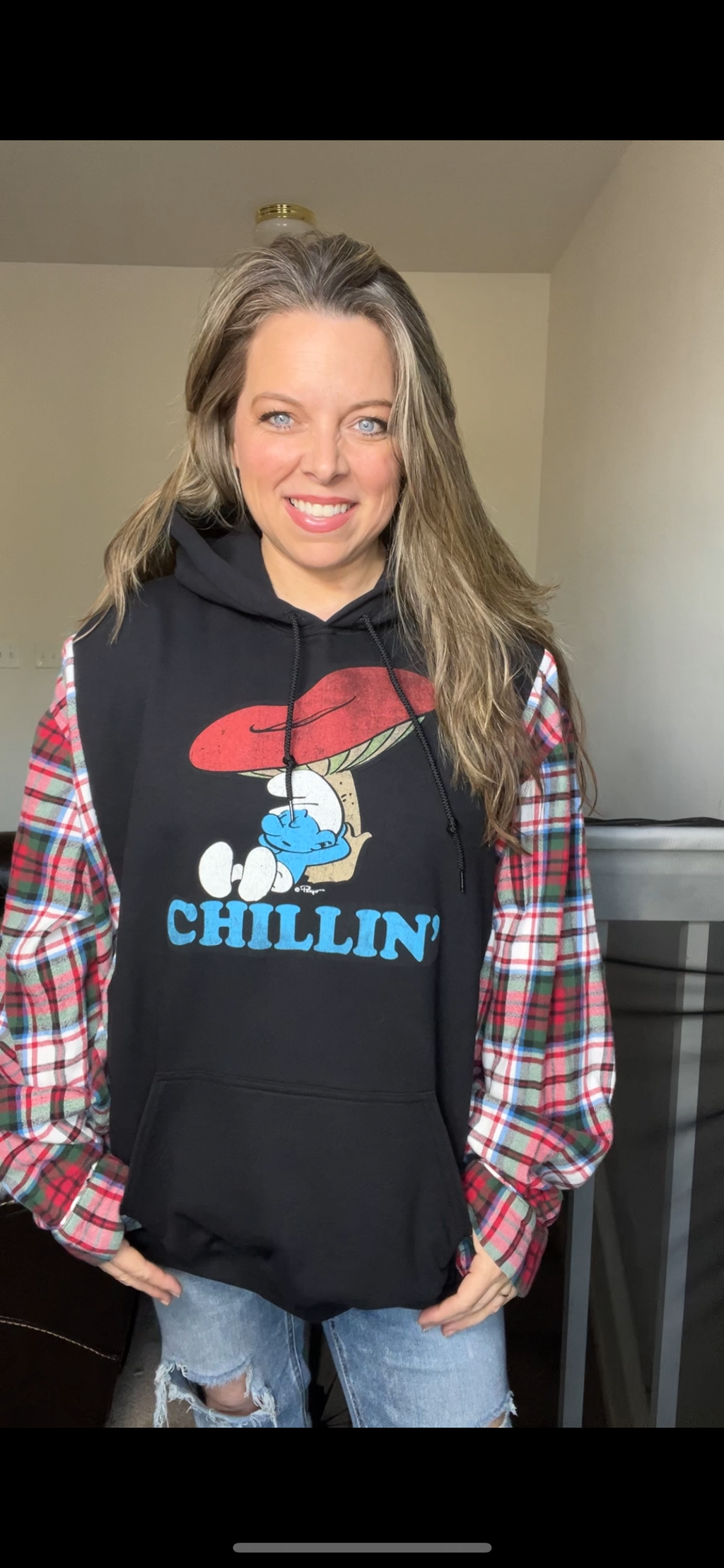 Upcycled Smurf – women’s 3X/4X midweight sweatshirt with flannel sleeves