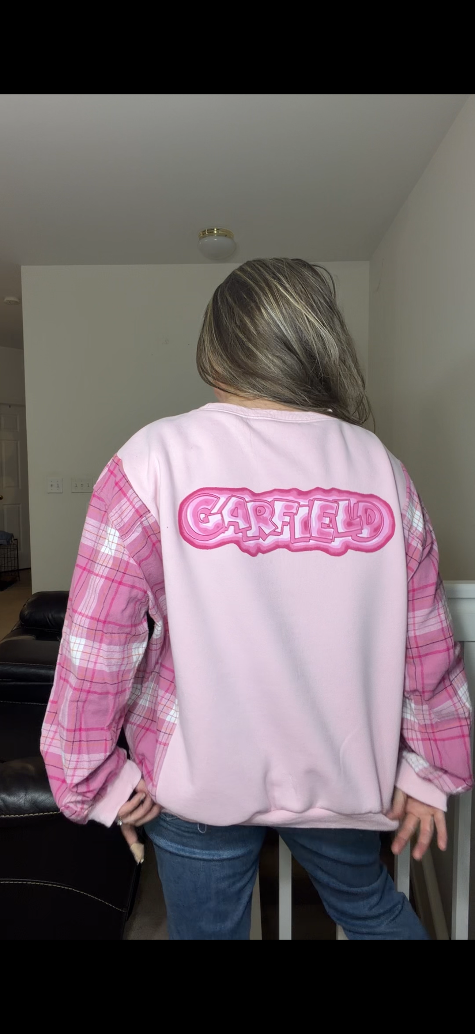 Upcycled Garfield - women's 2X midweight sweatshirt with flannel sleeves