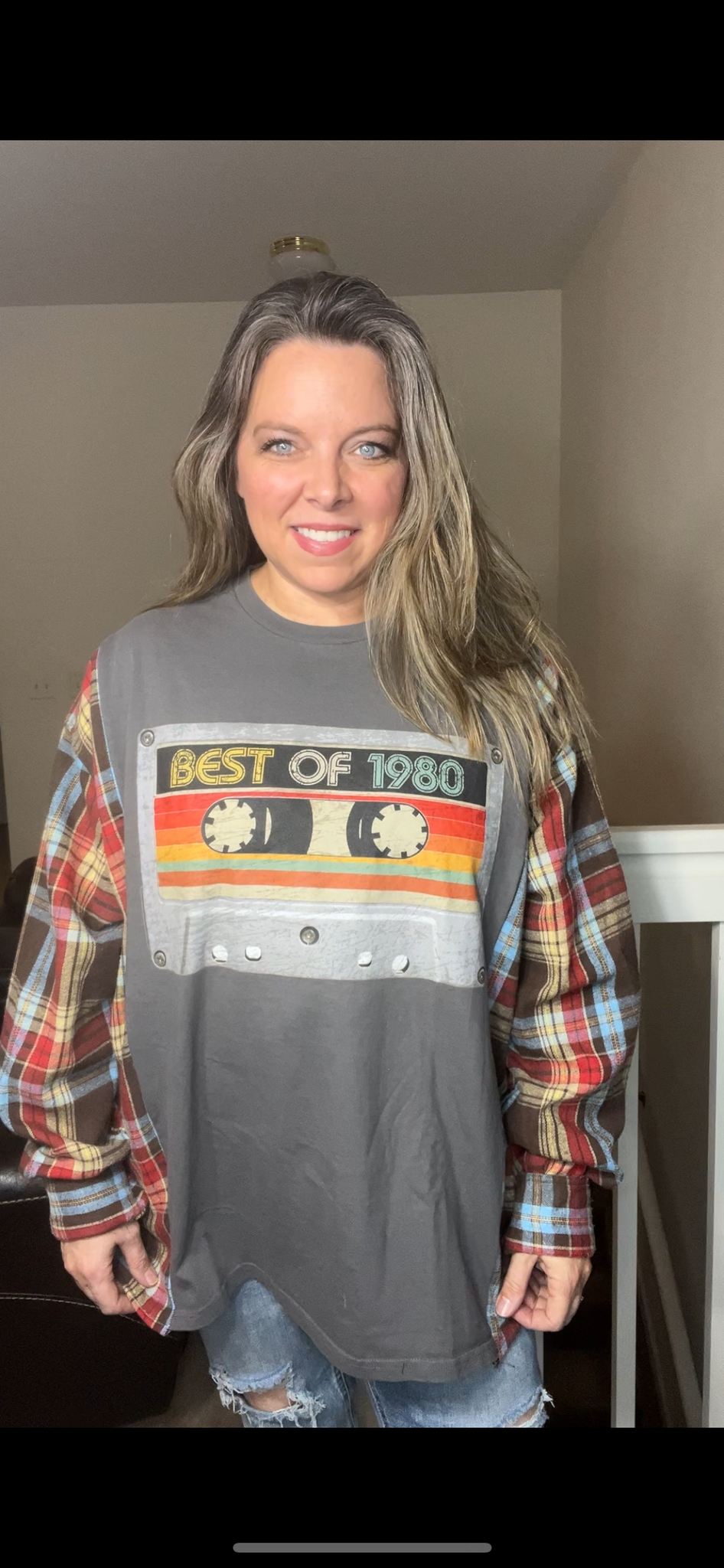 Upcycled 80s - Woman’s 2X/3X T-shirt with flannel sleeves