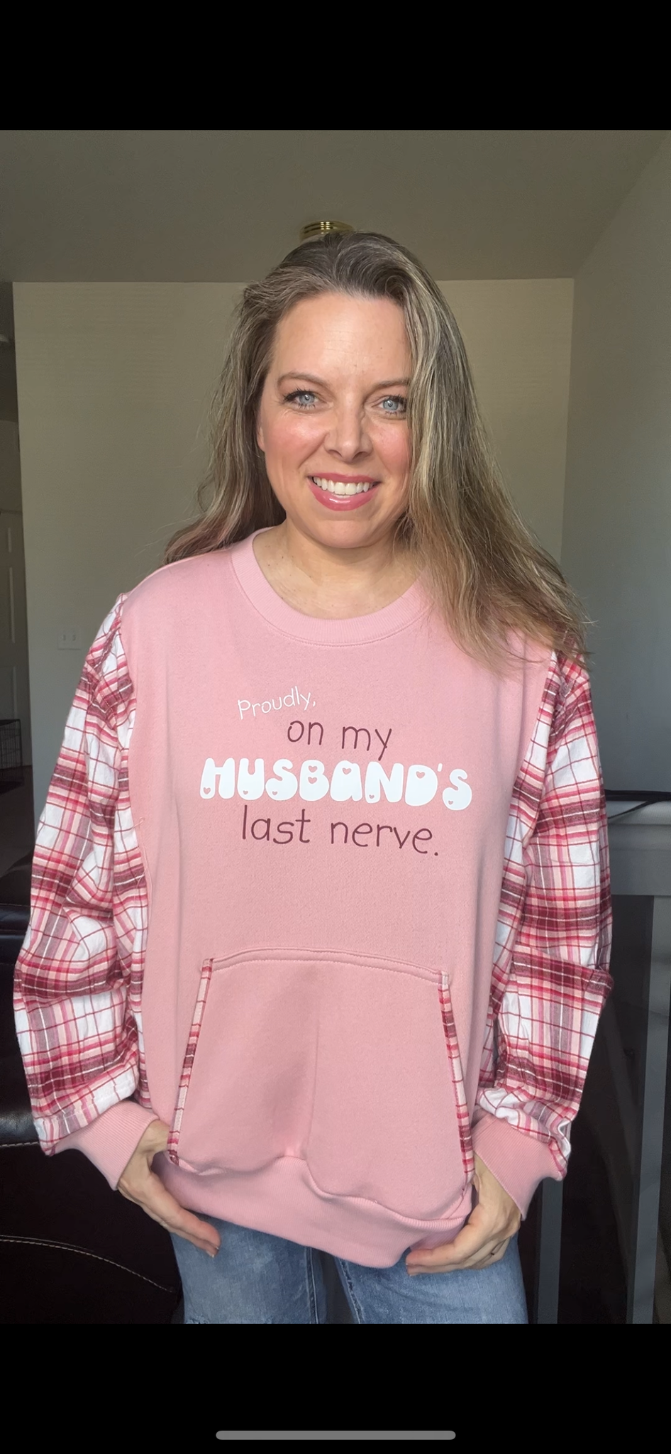 Upcycled Husbands nerve – women’s 2X midweight sweatshirt with flannel sleeves