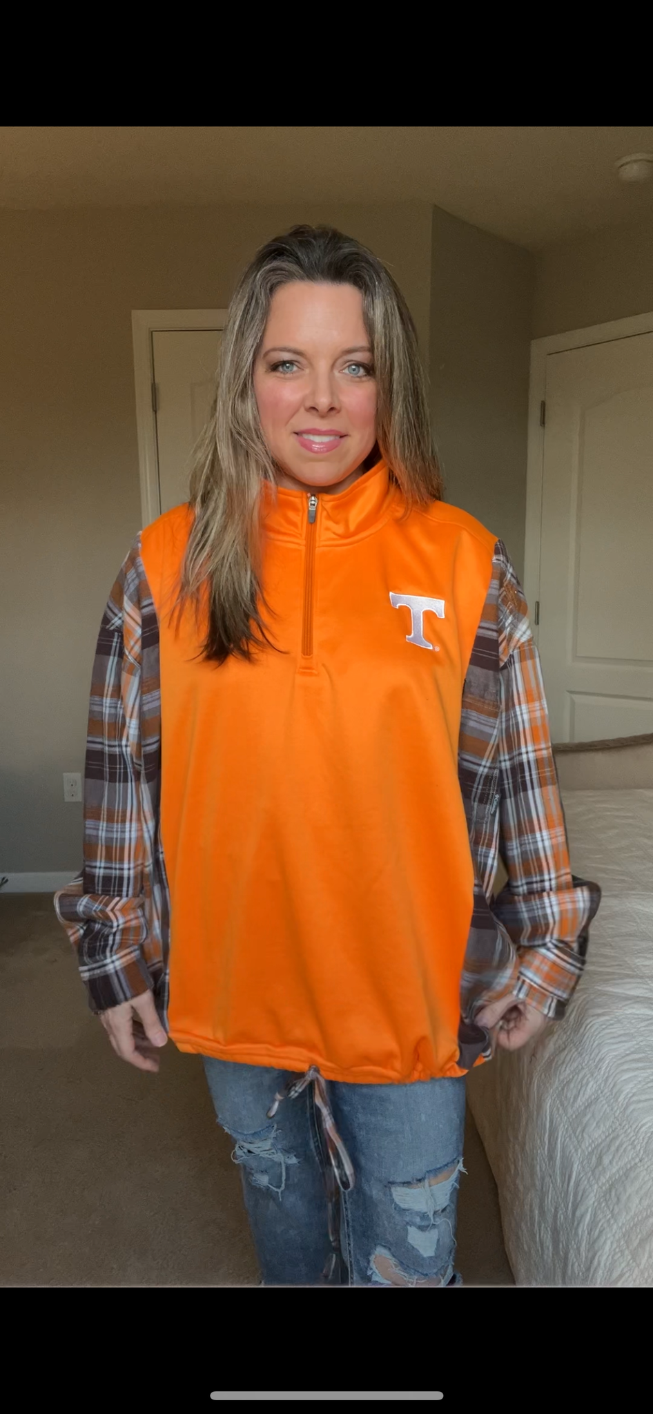 Upcycled Tennessee – women’s 2X/3X – midweight sweatshirt with flannel sleeves drawstring bottom ￼