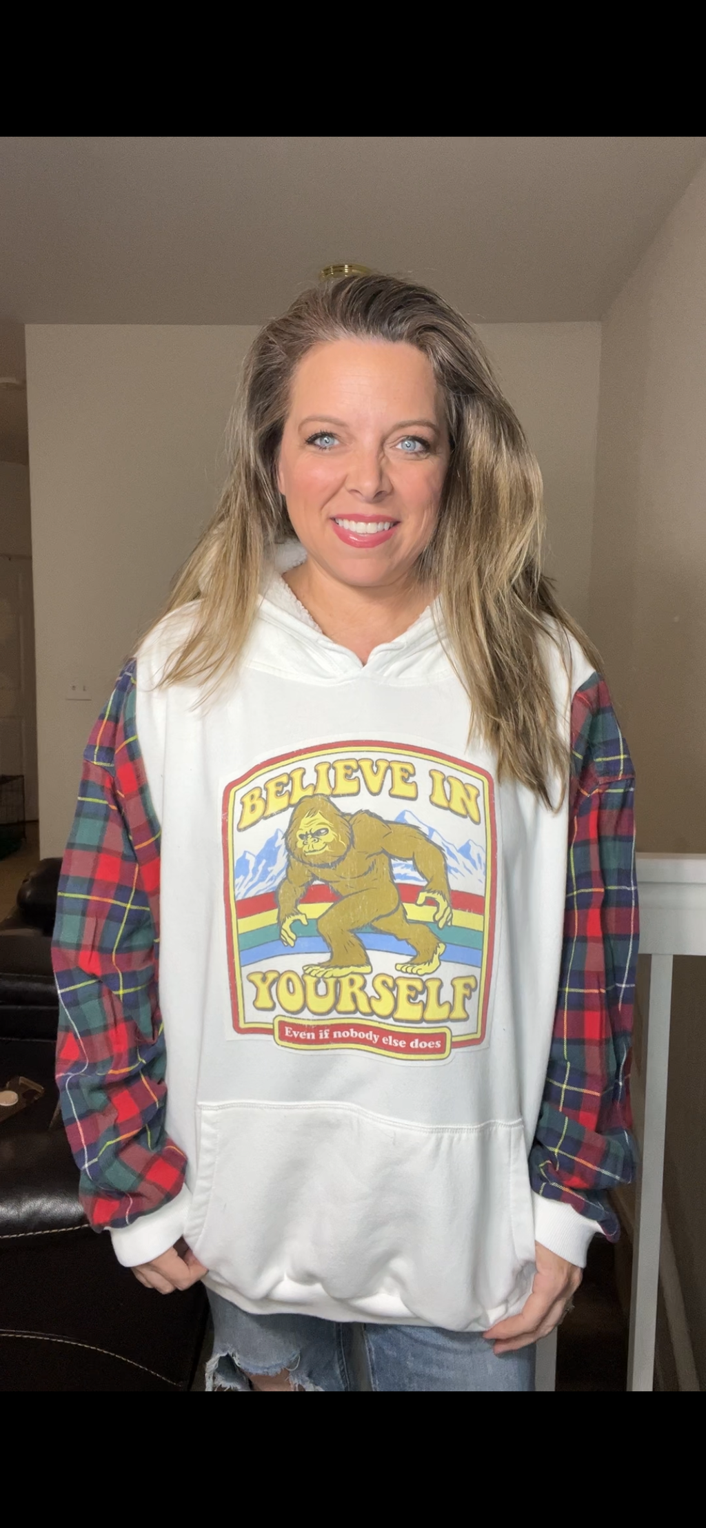 Upcycled Sasquatch – women’s 4X/5X midweight sweatshirt with flannel sleeves
