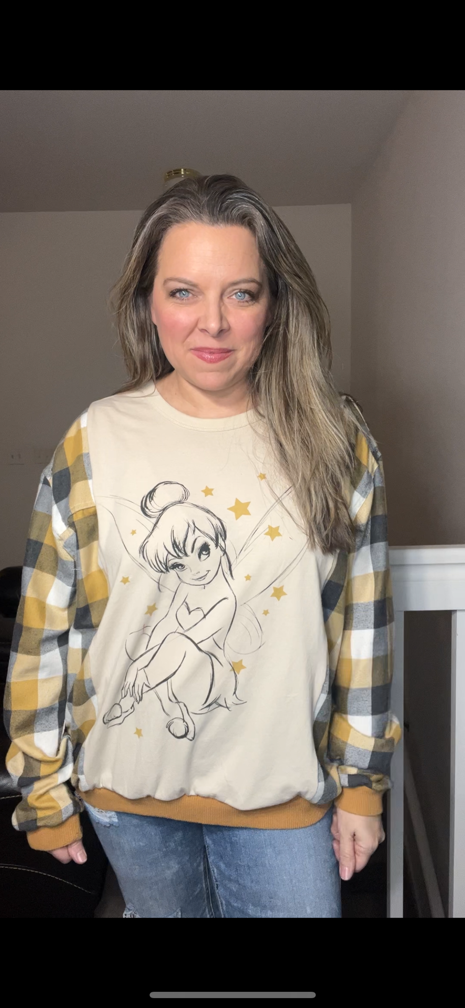 Upcycled Tinkerbell – women’s XL – T-shirt with flannel sleeves – sleeves more fitted