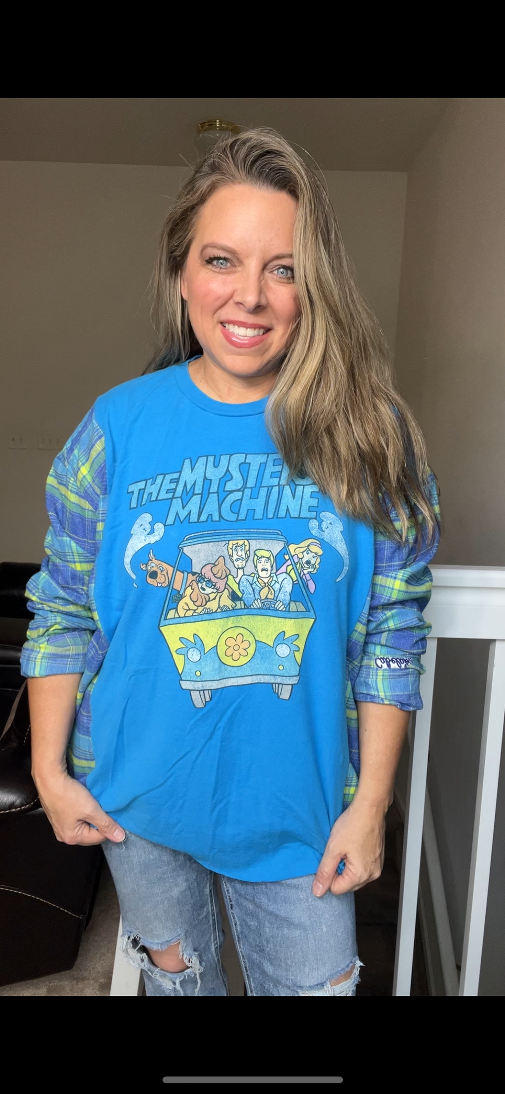 Upcycled Scooby - woman's XL/1X tshirt with flannel sleeves