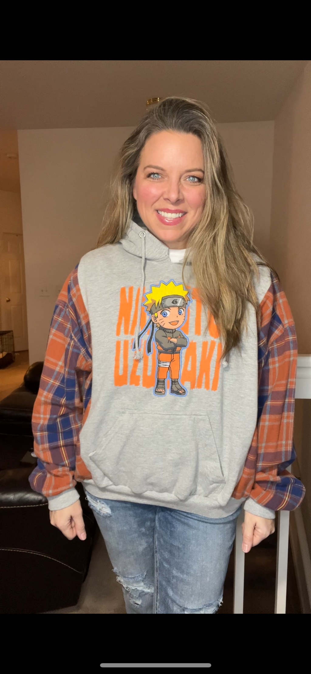 Upcycled ￼Naruto - Woman’s M/L – midweight sweatshirt with flannel sleeves￼