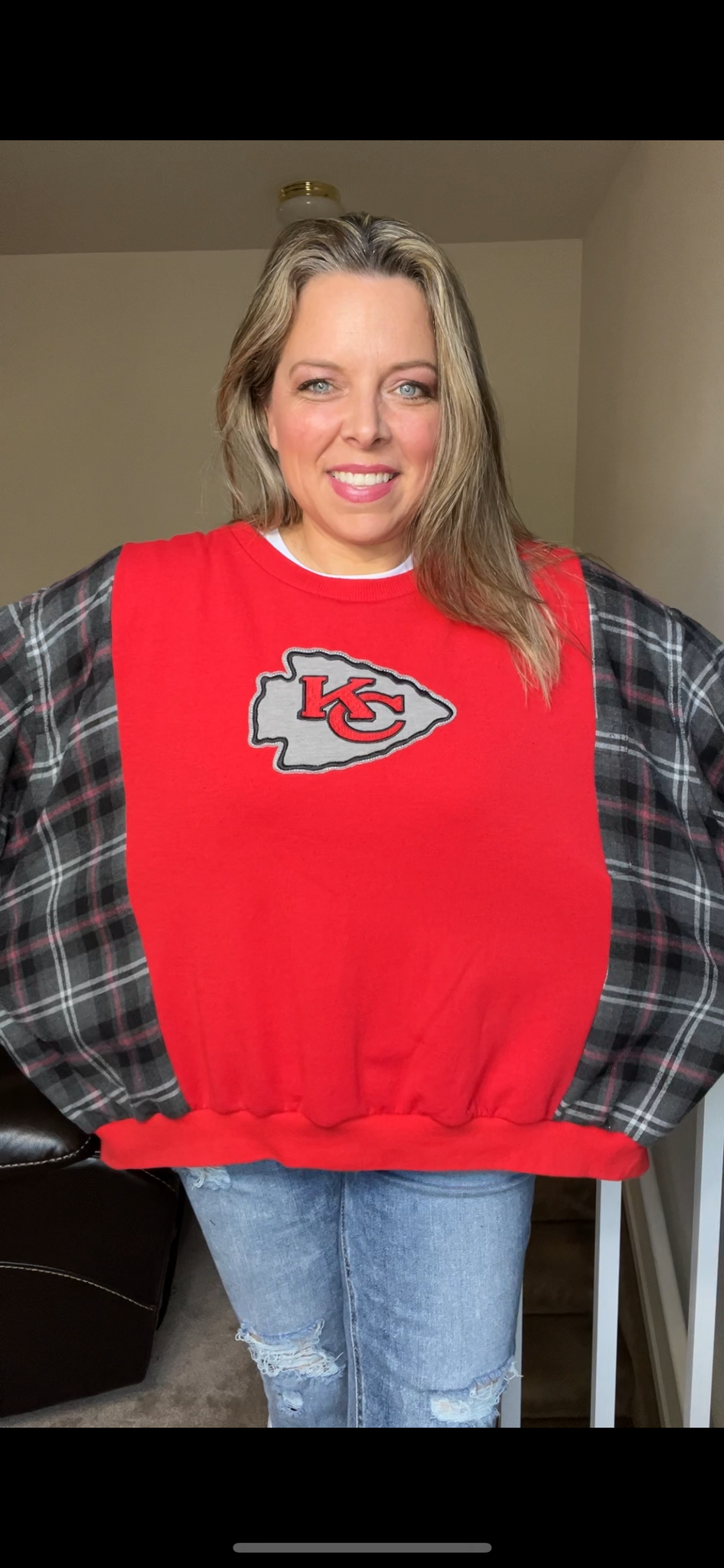 Upcycled Chiefs – women’s XL midweight sweatshirt with flannel sleeves