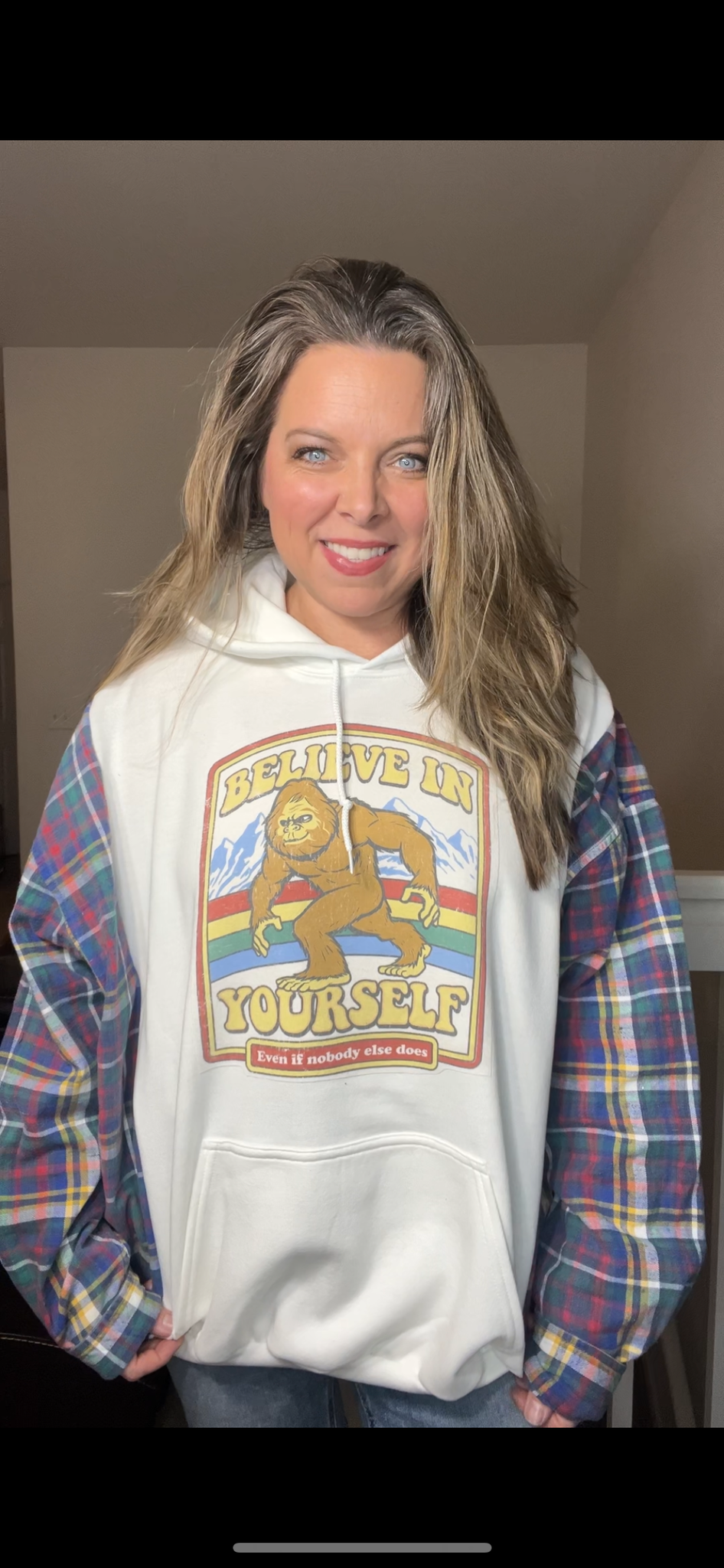 Upcycled Believe – women’s 2X/3X – midweight sweatshirt with thick flannel sleeves