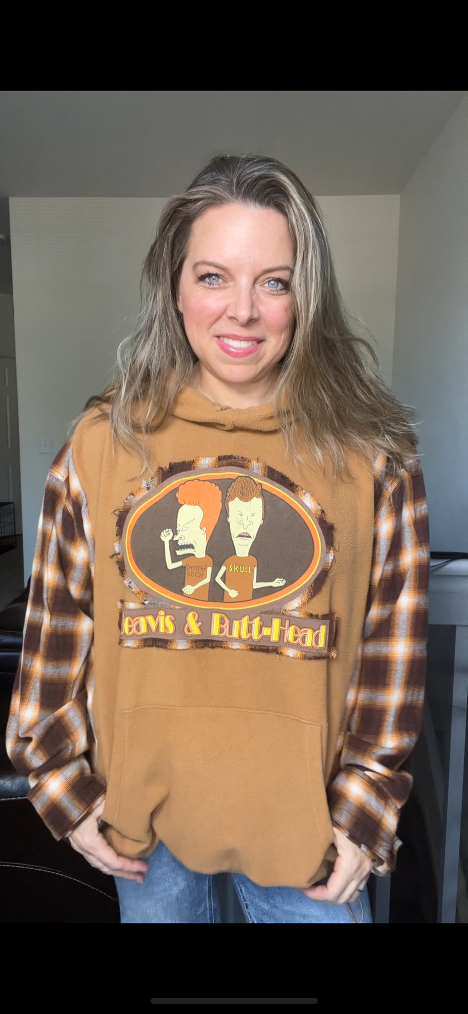 Upcycled Beavis and Butthead – women’s 3X fuzzy sweatshirts with flannel sleeves