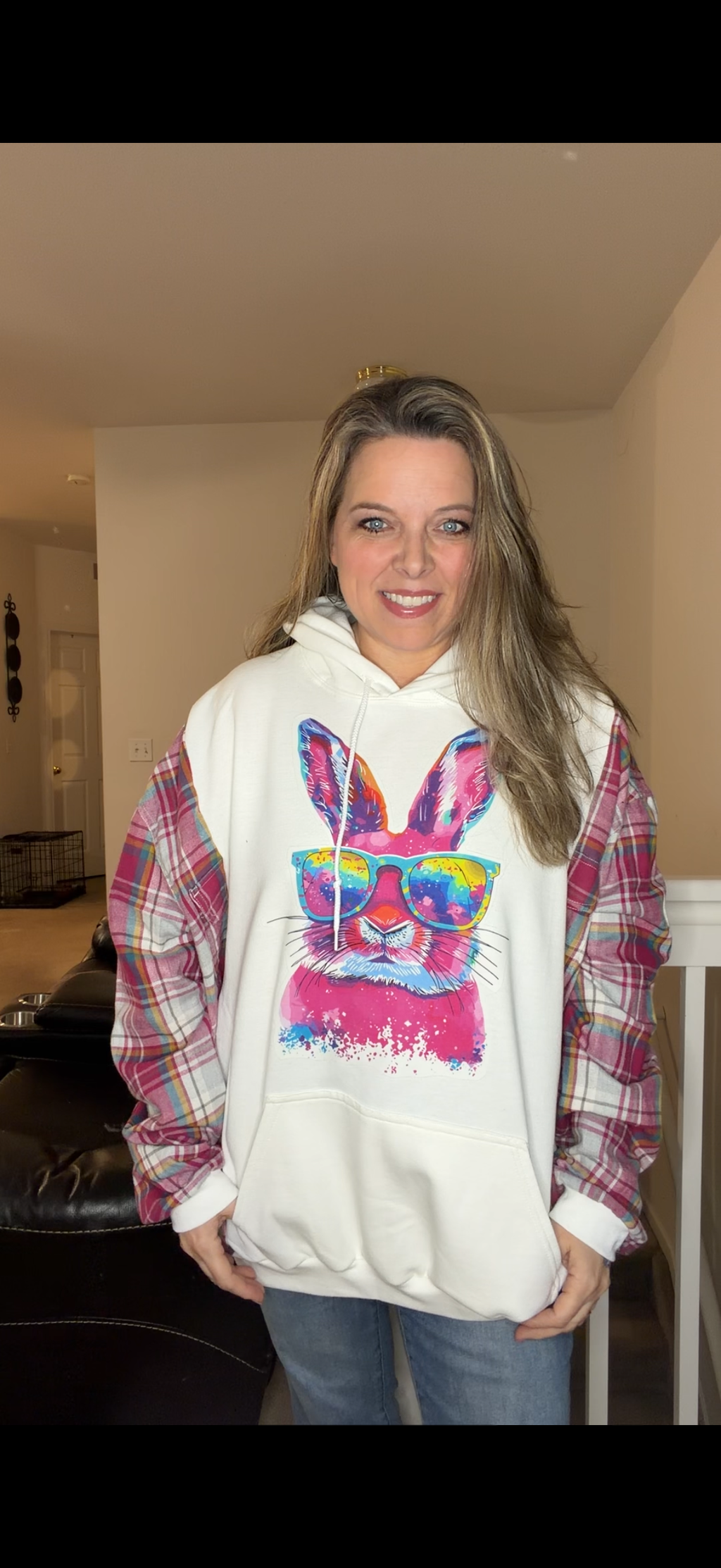 Upcycled Bunny - women's 3X midweight sweatshirt with flannel sleeves
