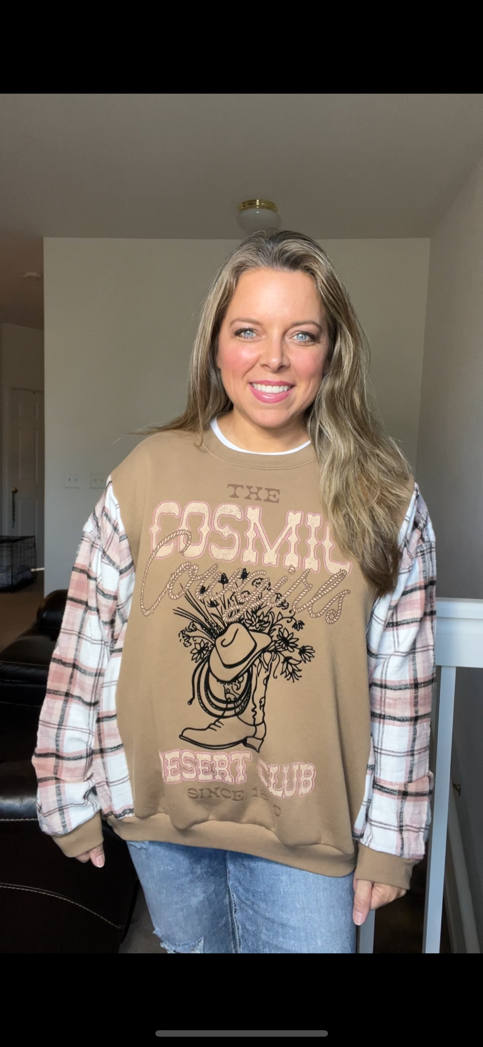 Upcycled Cowgirl – women’s large – midweight sweatshirt with flannel sleeves￼