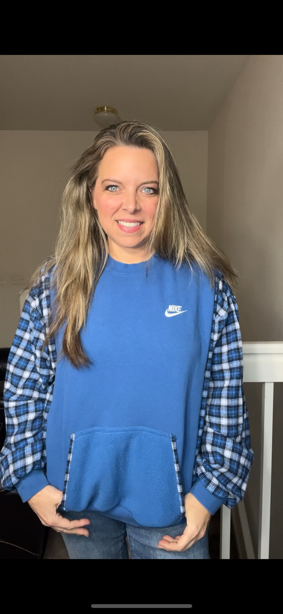 Upcycled Nike blue – women’s XL midweight sweatshirt with flannel sleeves