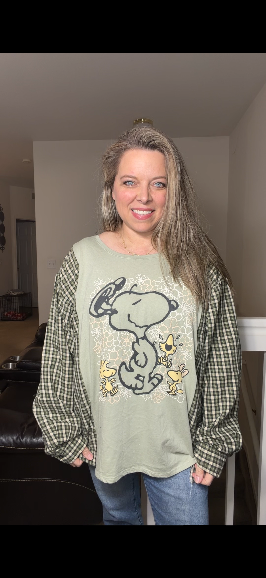 Upcycled Snoopy - women's 2X T-shirt with flannel sleeves