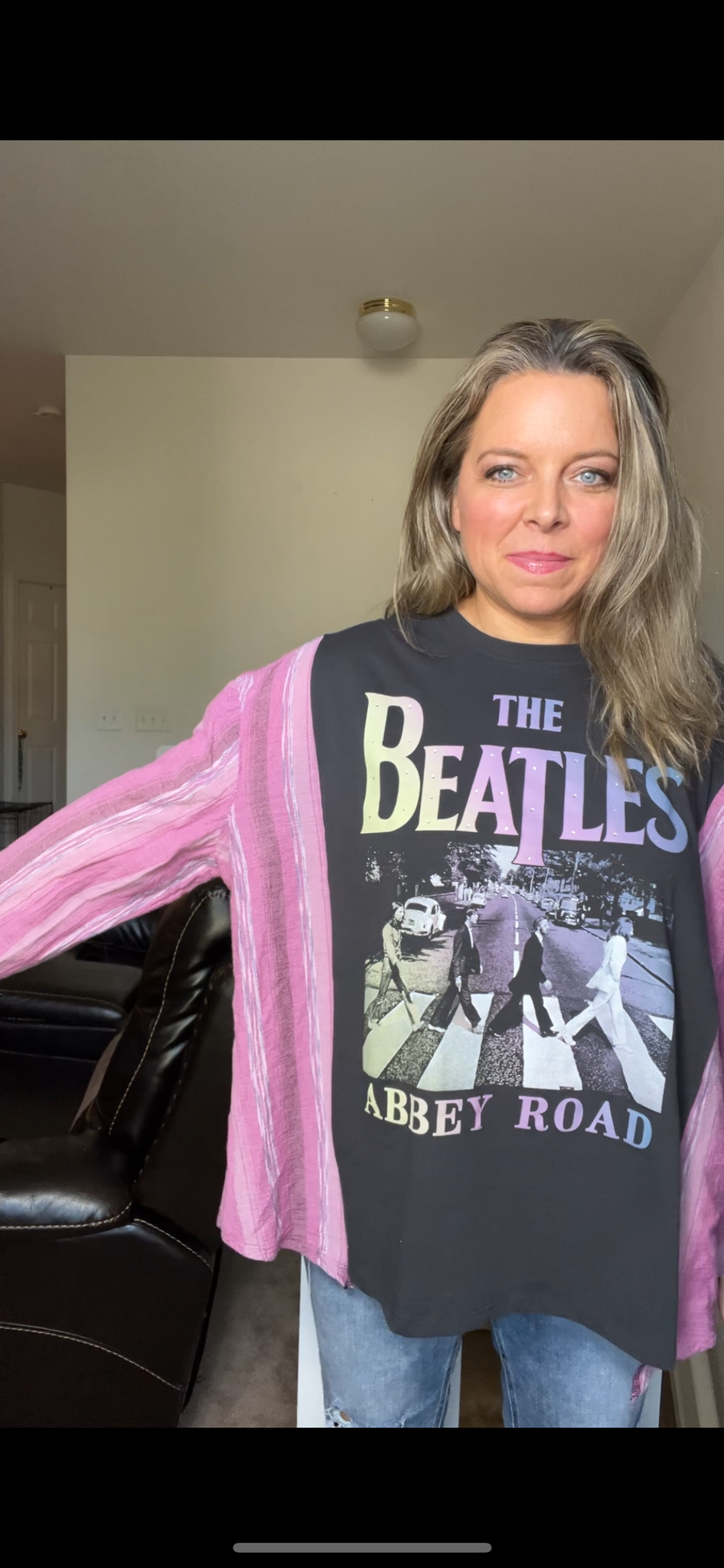 Upcycled Beatles – women’s XL - thin T-shirt with crêpe cotton sleeves￼