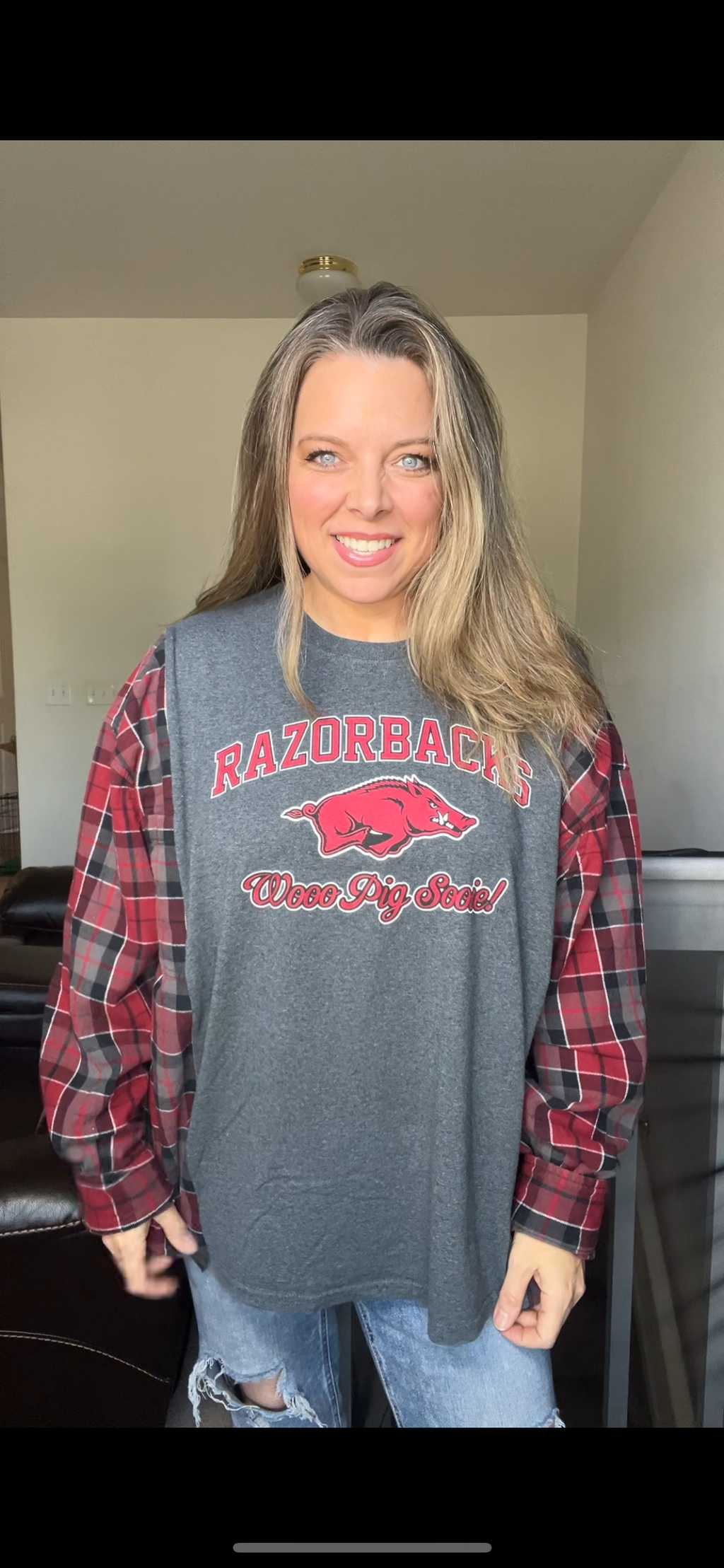 Upcycled Razorbacks – women’s 3X/4X T-shirt with flannel sleeves