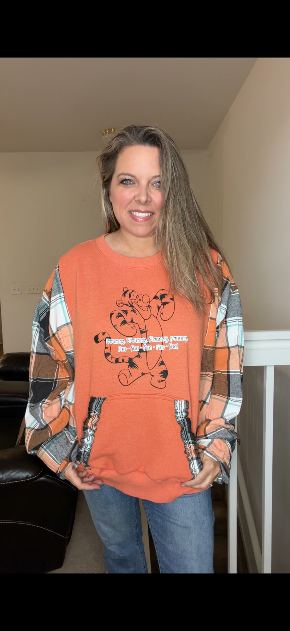Upcycled Tigger - woman's 1X French Terry sweatshirt with flannel sleeves