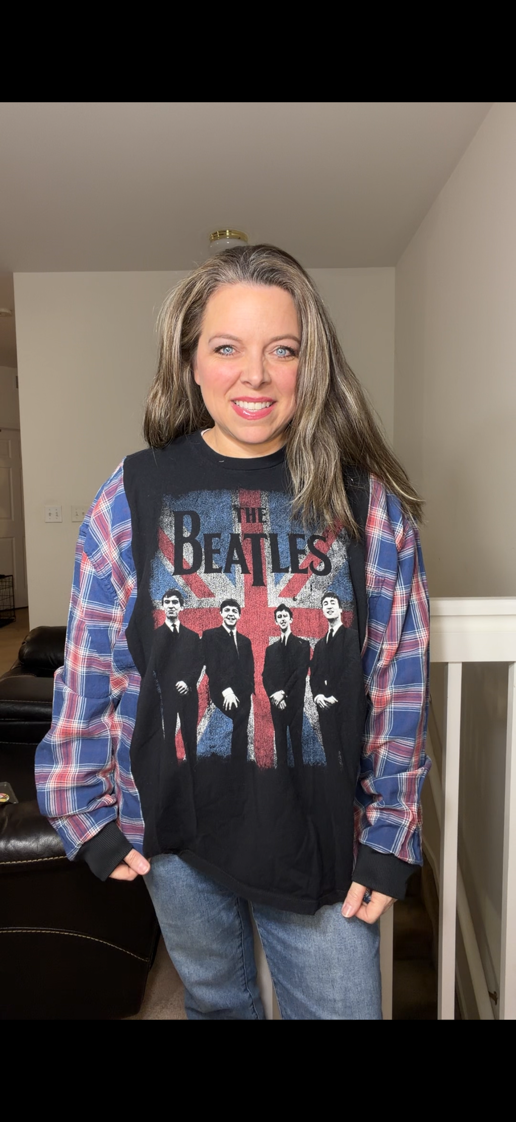 Upcycled Beatles - women's 2X T-shirt with flannel sleeves