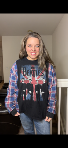 Upcycled Beatles - women's 2X T-shirt with flannel sleeves