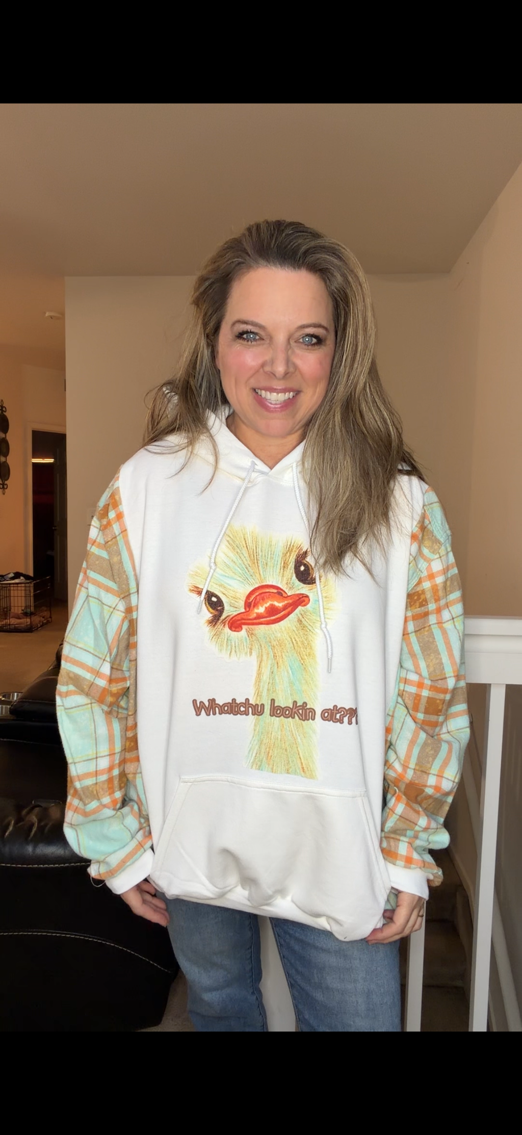 Upcycled Ostrich - women's 3X/4X midweight Sweatshirt with flannel sleeves