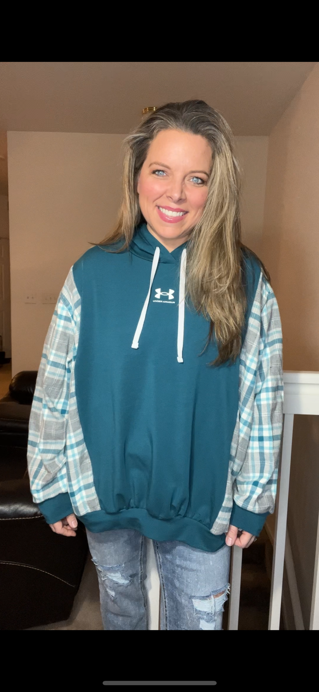 Upcycled Aqua￼ UA - Women’s 1X – thin French terry sweatshirt with flannel sleeves￼