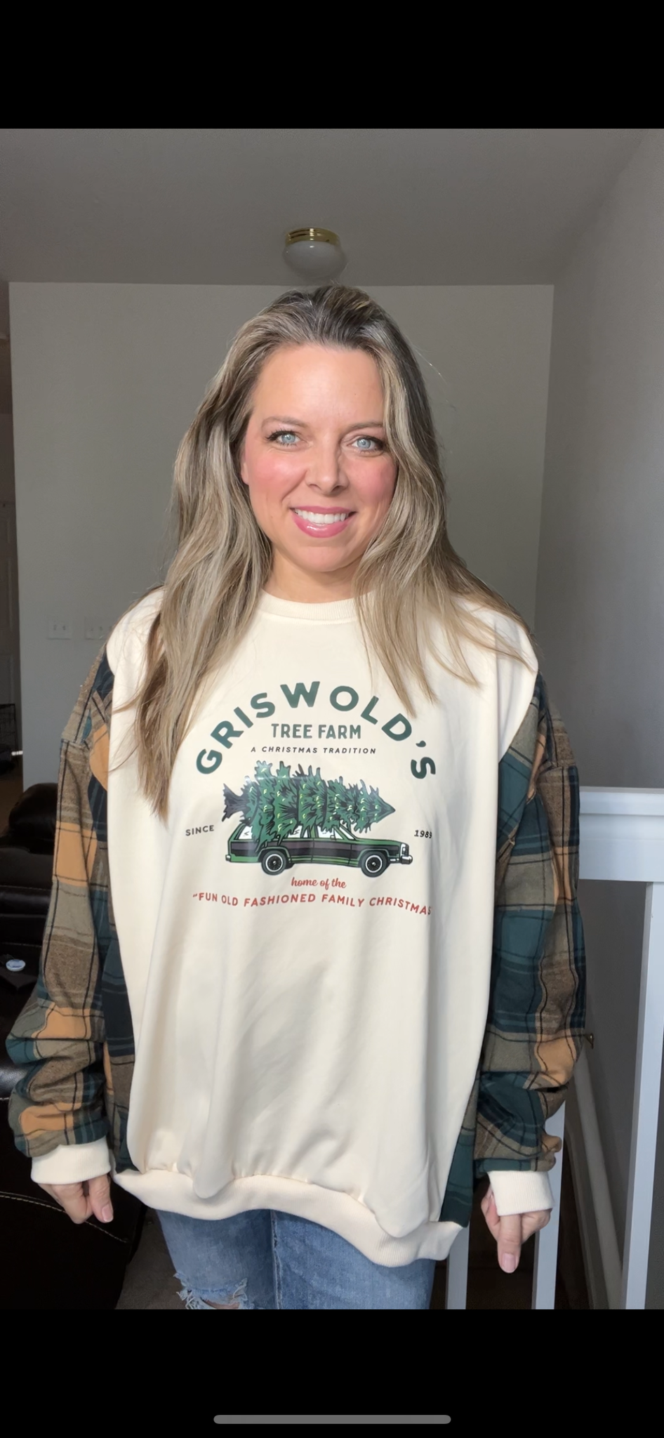 Upcycled Griswold – women’s 2X – French terry sweatshirt with flannel sleeves￼