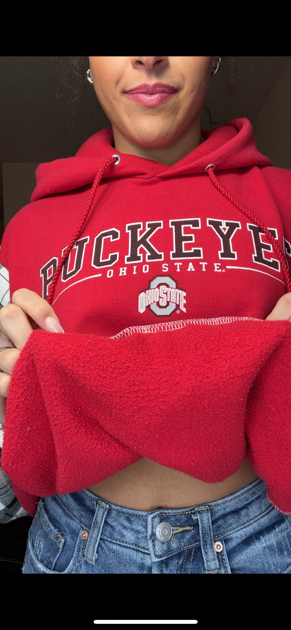 Ohio State - woman’s LARGE - midweight sweatshirt with flannel sleeves ￼