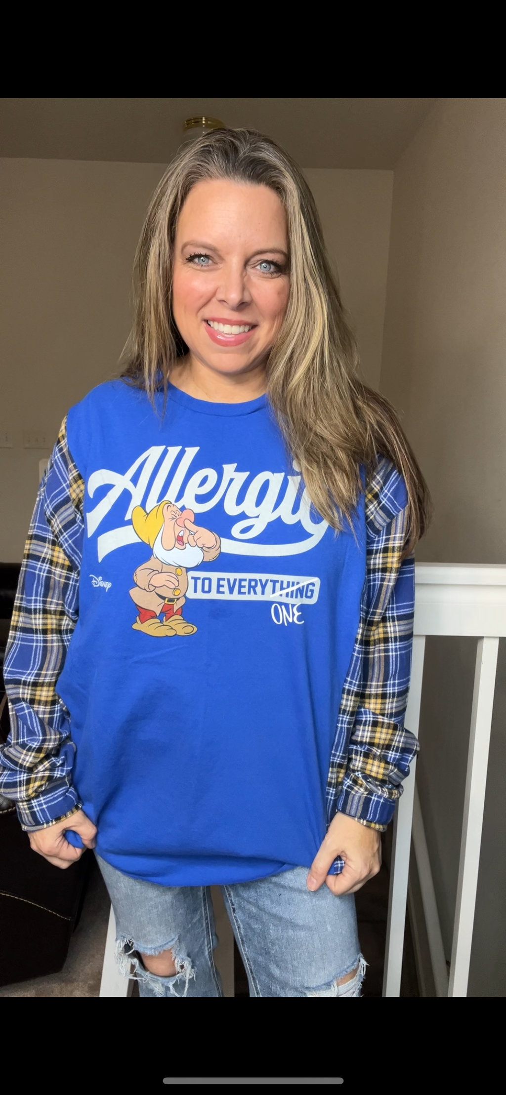 Upcycled Allergic - womans 2X Tshirt with flannel sleeves