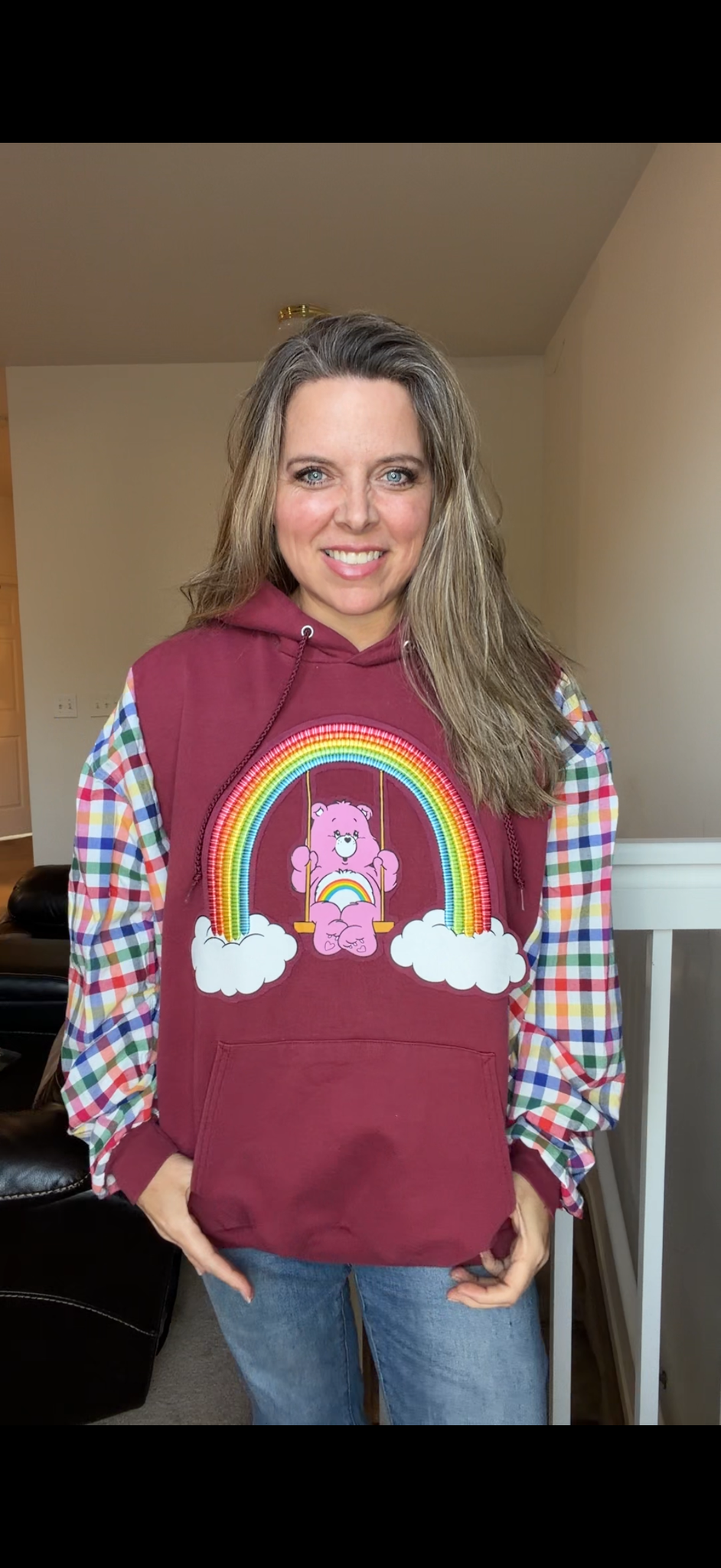 Upcycled Carebear - women's 2X midweight sweatshirt with cotton sleeves