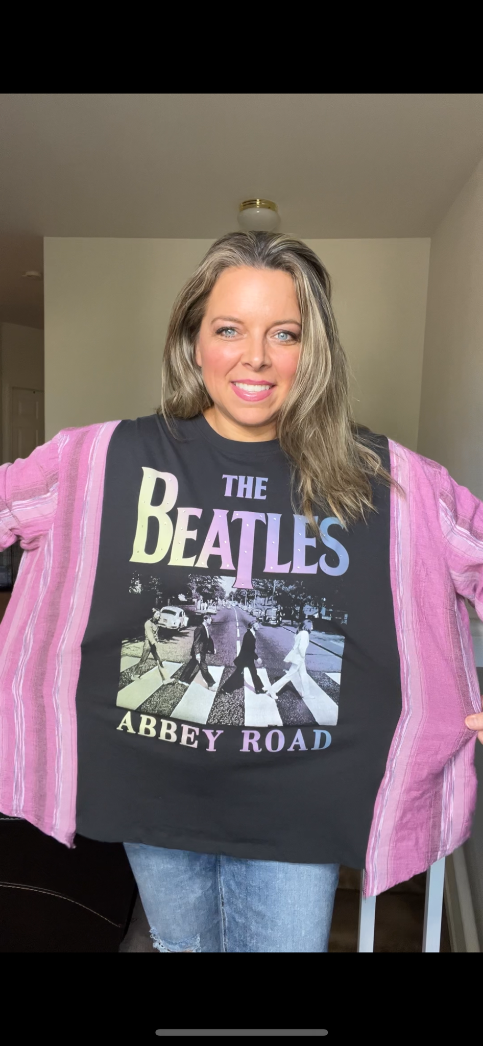 Upcycled Beatles – women’s XL - thin T-shirt with crêpe cotton sleeves￼