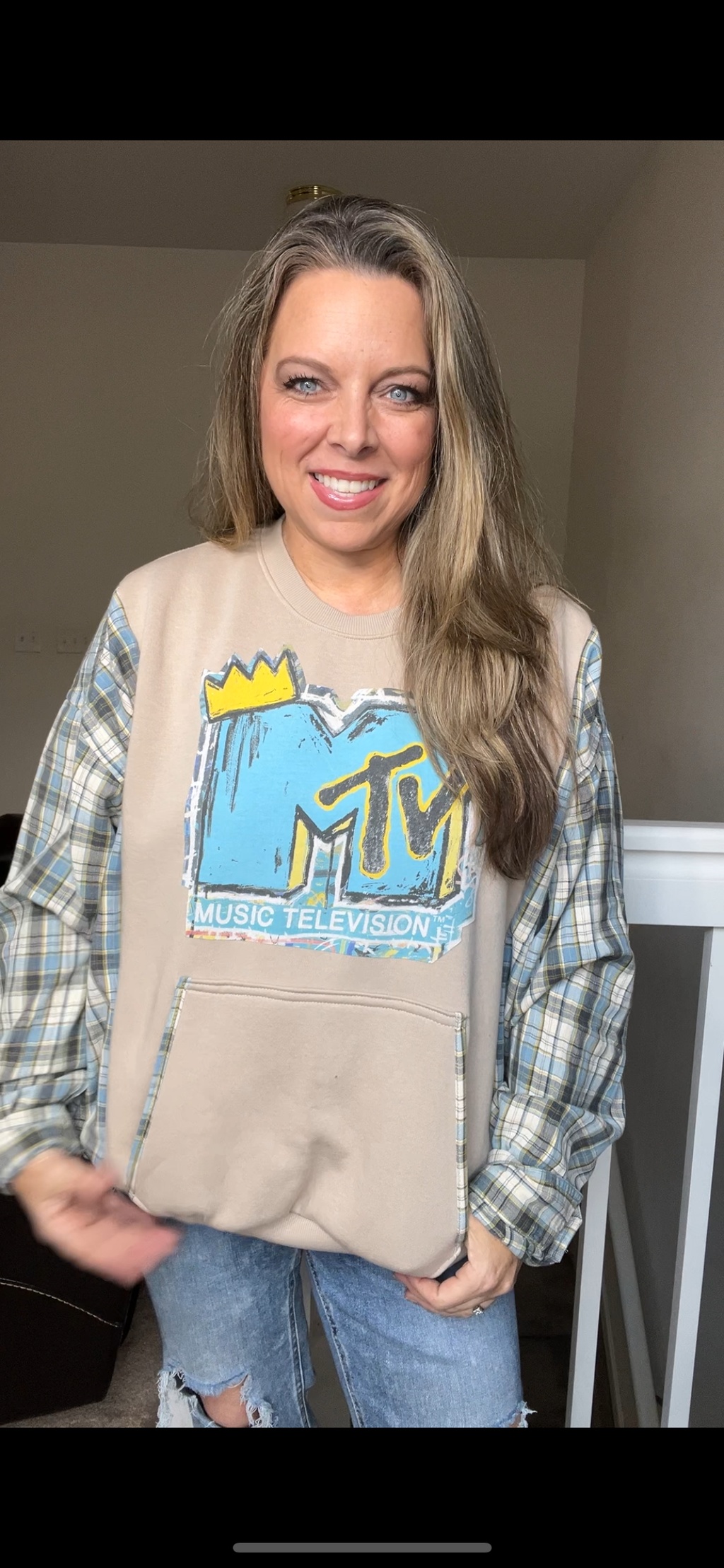 Upcycled MTV - womans 2X midweight sweatshirt with flannel sleeves