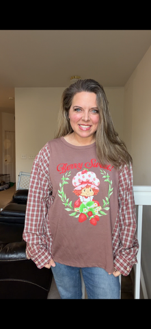 Upcycled Strawberry Shortcake- women's XL/1X T-shirt with cotton sleeves