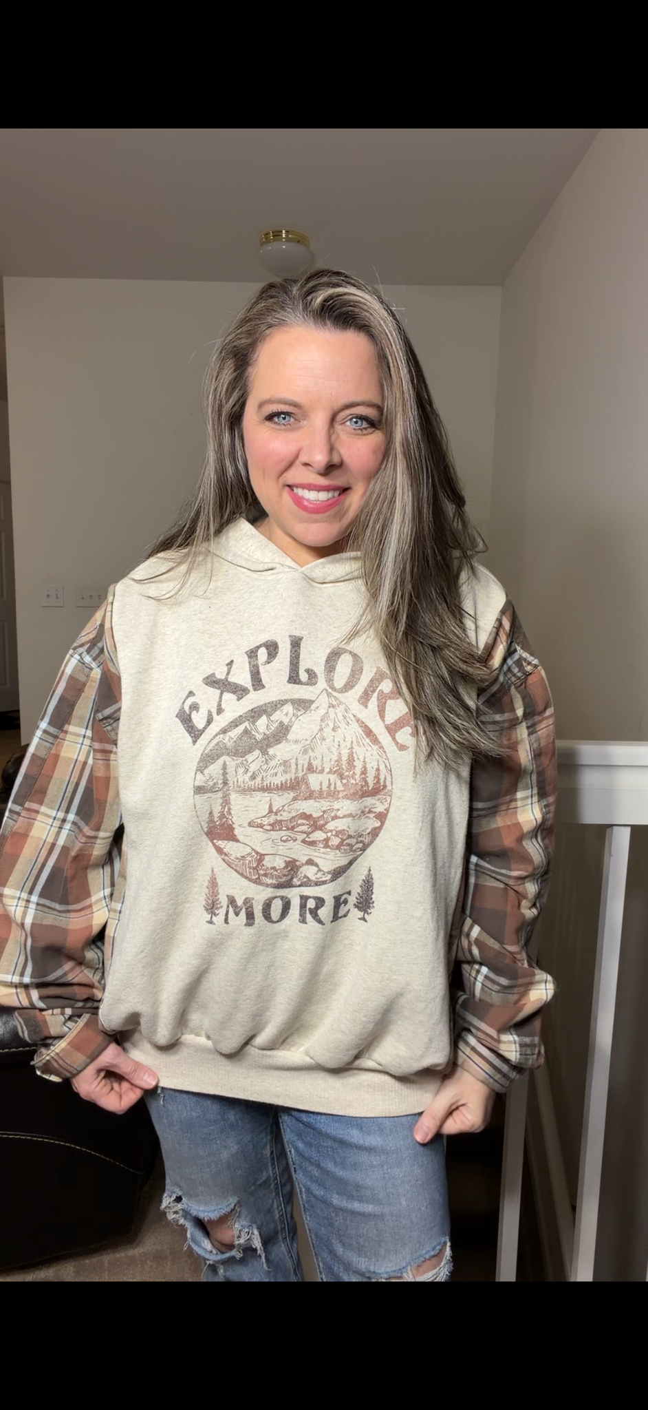 Upcycled Explore more – women's XL midweight sweatshirt with flannel sleeves