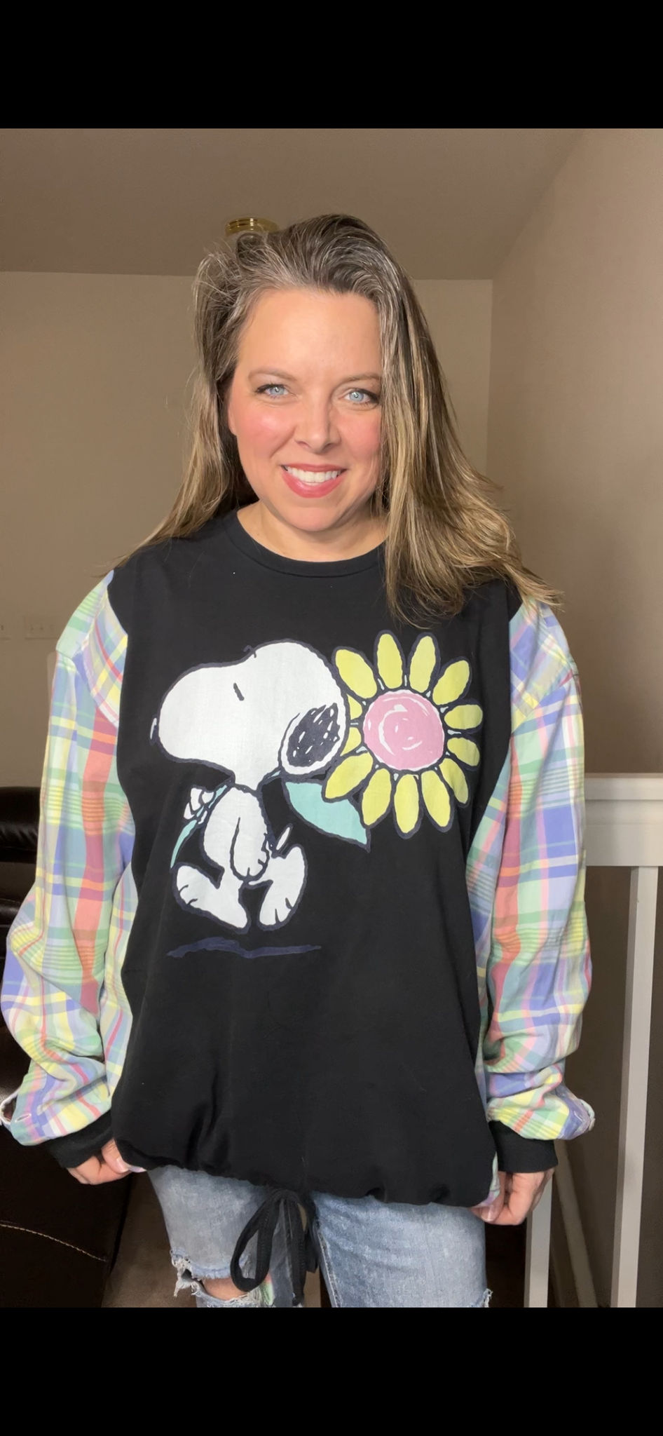 Upcycled Snoopy – women’s 4X T-shirt with flannel sleeves