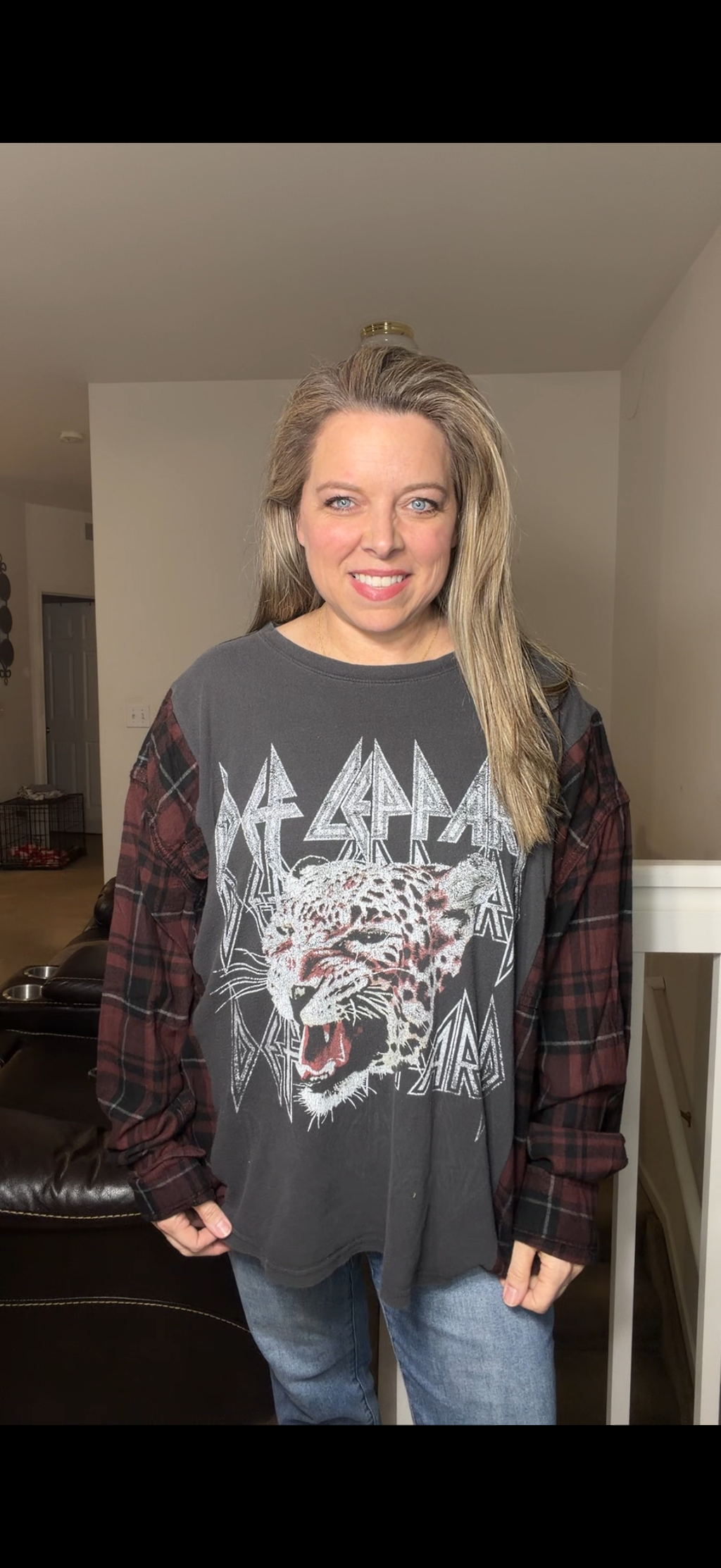 Upcycled Def Leppard - women's 2X T-shirt with flannel sleeves