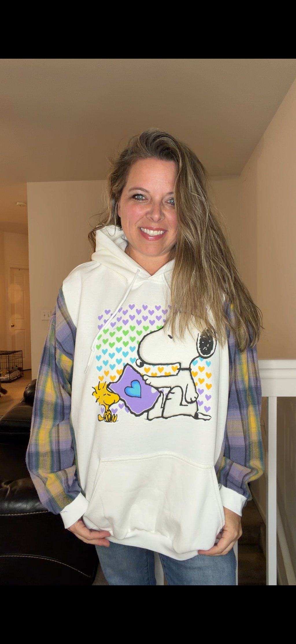 Upcycled Snoopy Love - women's 2X/3X midweight sweatshirt with thin flannel sleeves