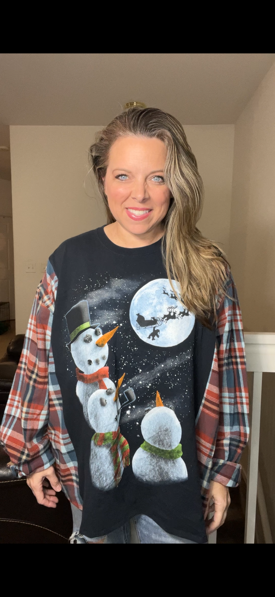 Upcycled Snowmen – women’s 3X T-shirt with flannel sleeves