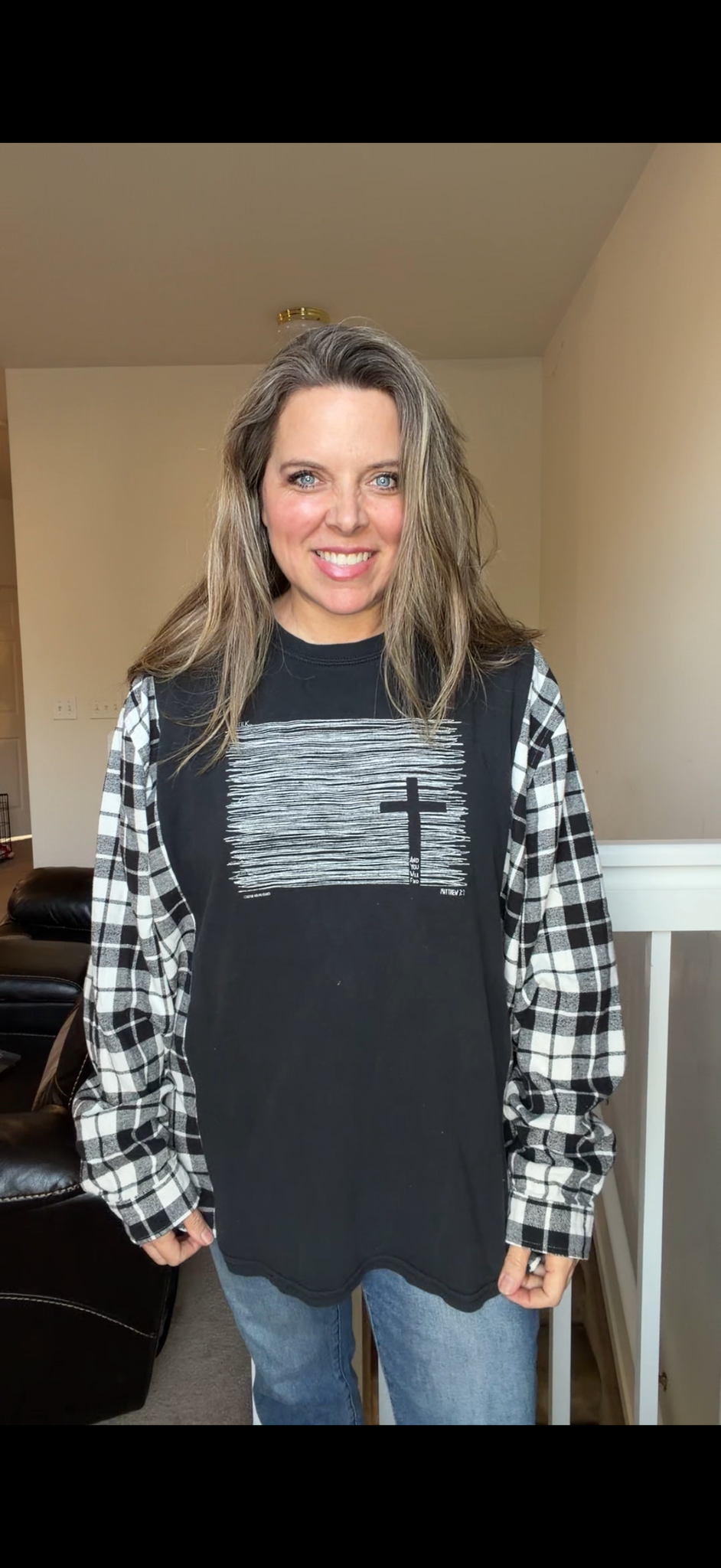 Upcycled Seek - women's 2X T-shirt with flannel sleeves