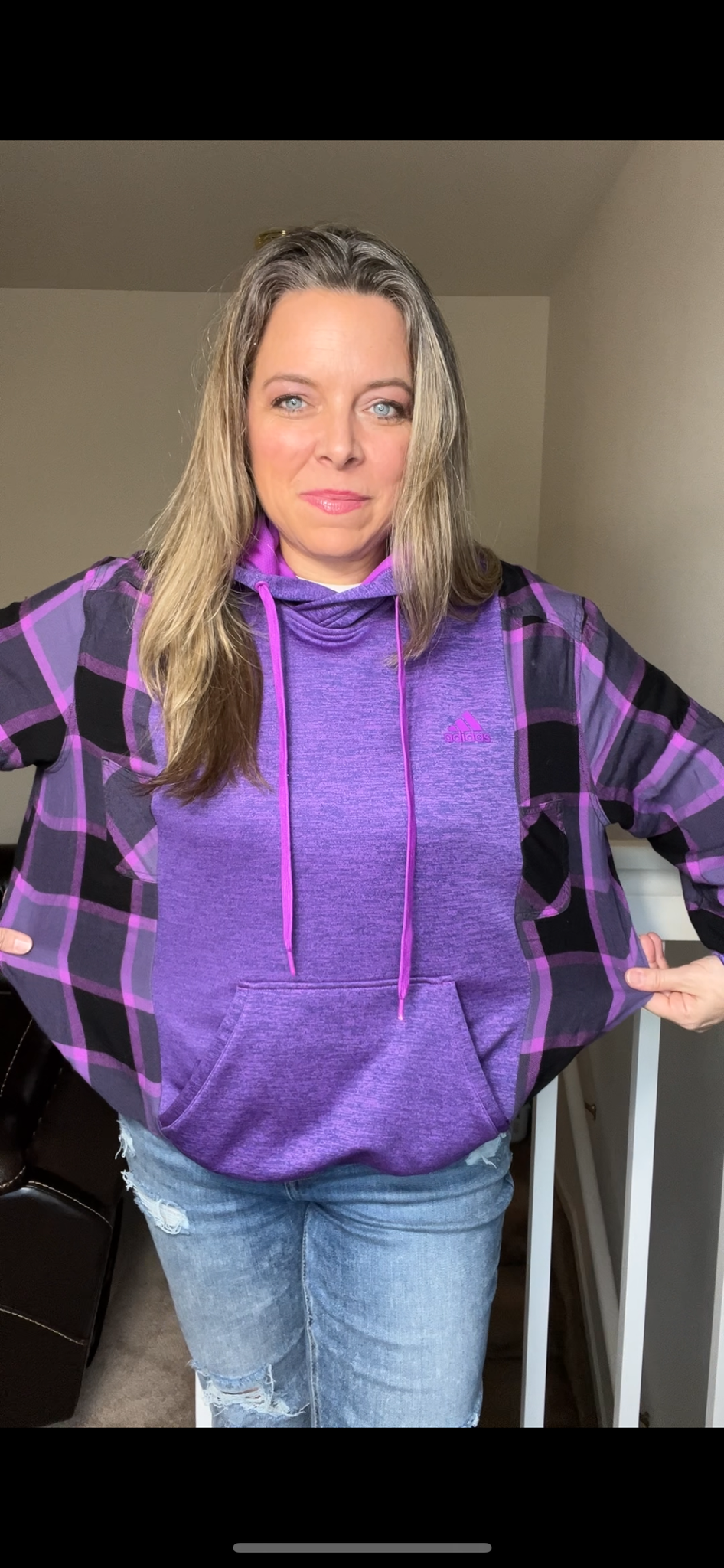 Upcycled Purple Adidas – women’s small – midweight sweatshirt with flannel sleeves – tighter bottom band￼