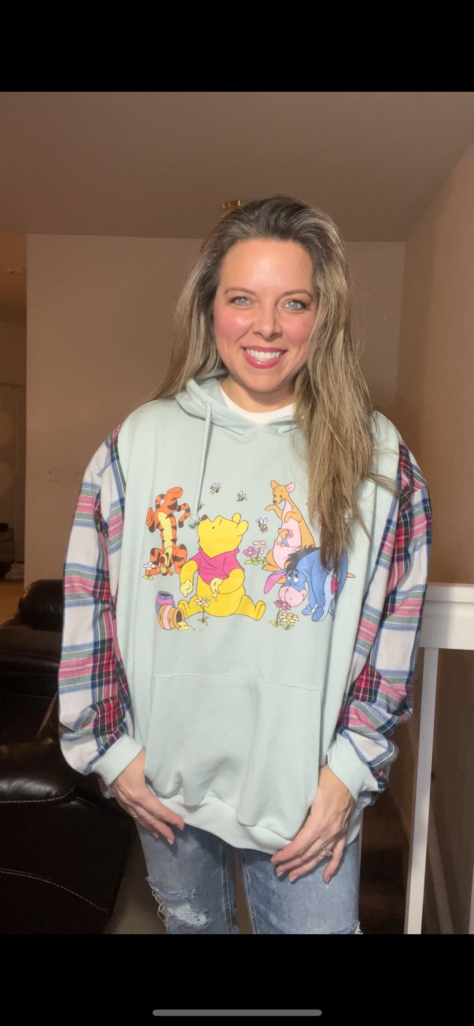 Upcycled Pooh – women’s XL/1X – Midweight sweatshirt with thin flannel sleeves￼